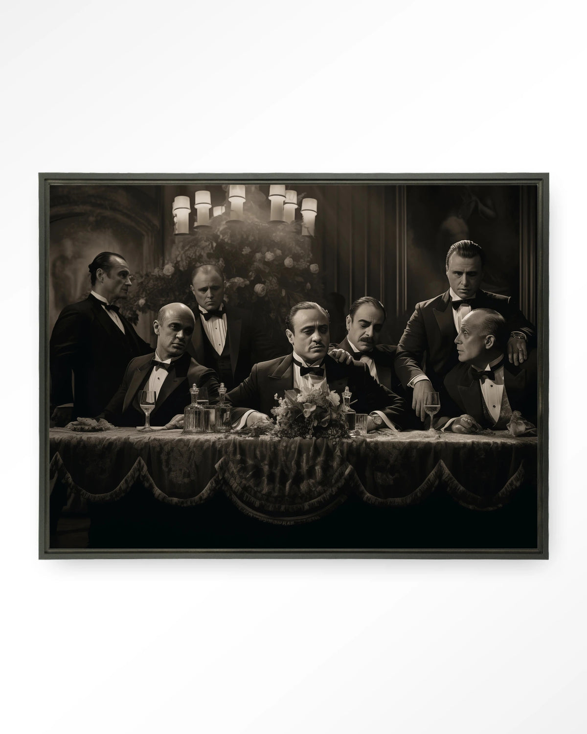 Godfathers Table – maffiabazen aan tafel in zwart-wit – Wandkleed – Floating frame – zwart