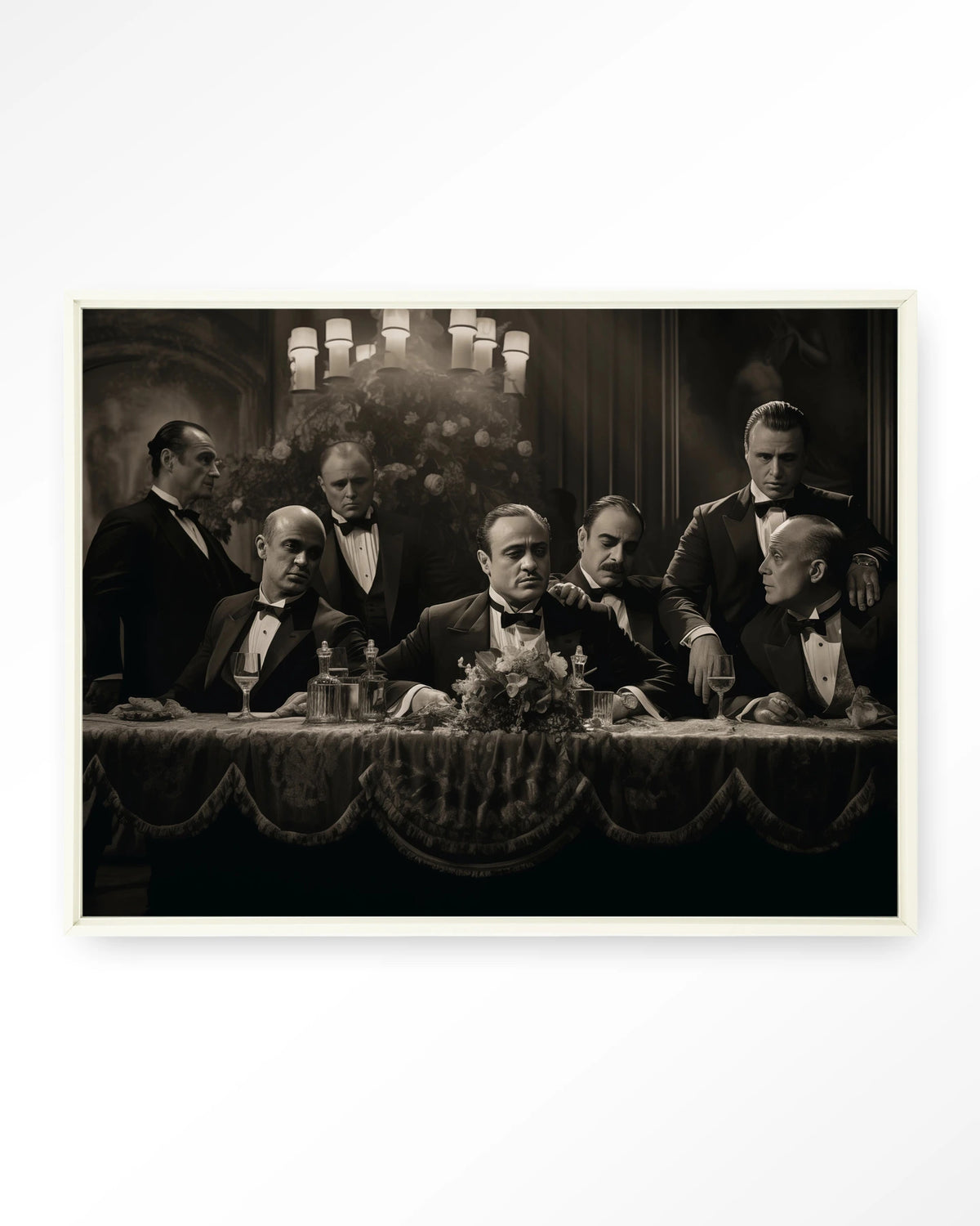 Godfathers Table – maffiabazen aan tafel in zwart-wit – Wandkleed – Floating frame – wit