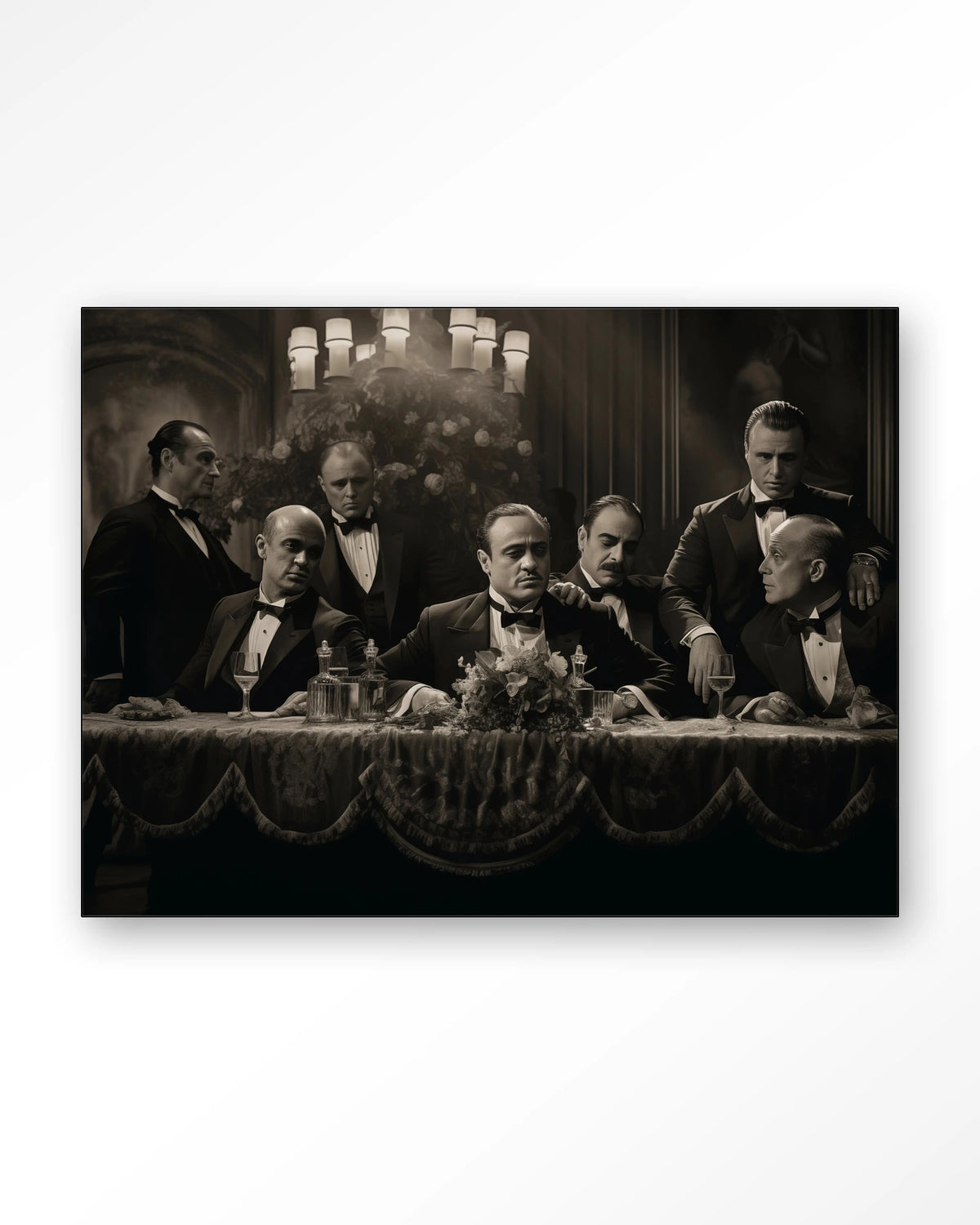 Godfathers Table – maffiabazen aan tafel in zwart-wit – Wandkleed – Frame – zwart