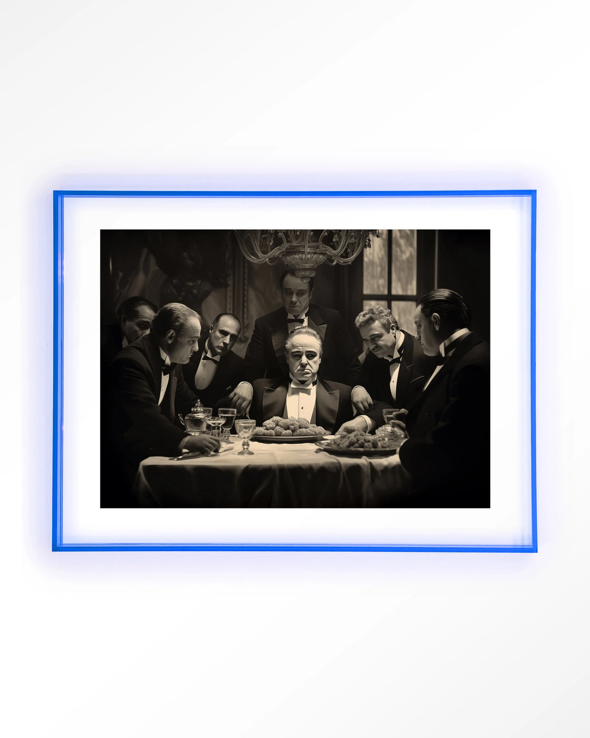 Dinner With Gangsters – gangsters aan diner in zwart-wit – Art print – Acryl lichtblauw