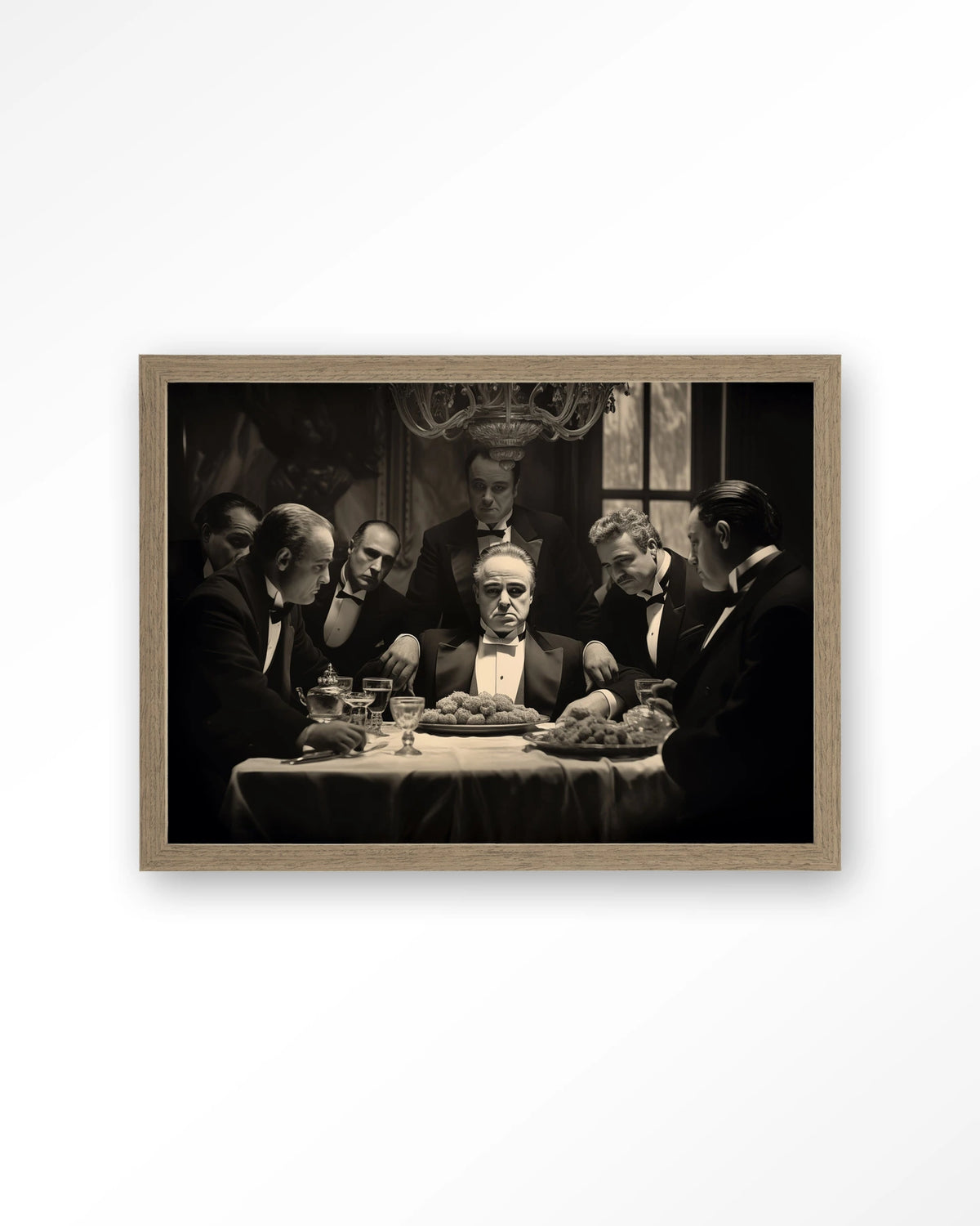 Dinner With Gangsters – gangsters aan diner in zwart-wit – Art print – Hout bruin