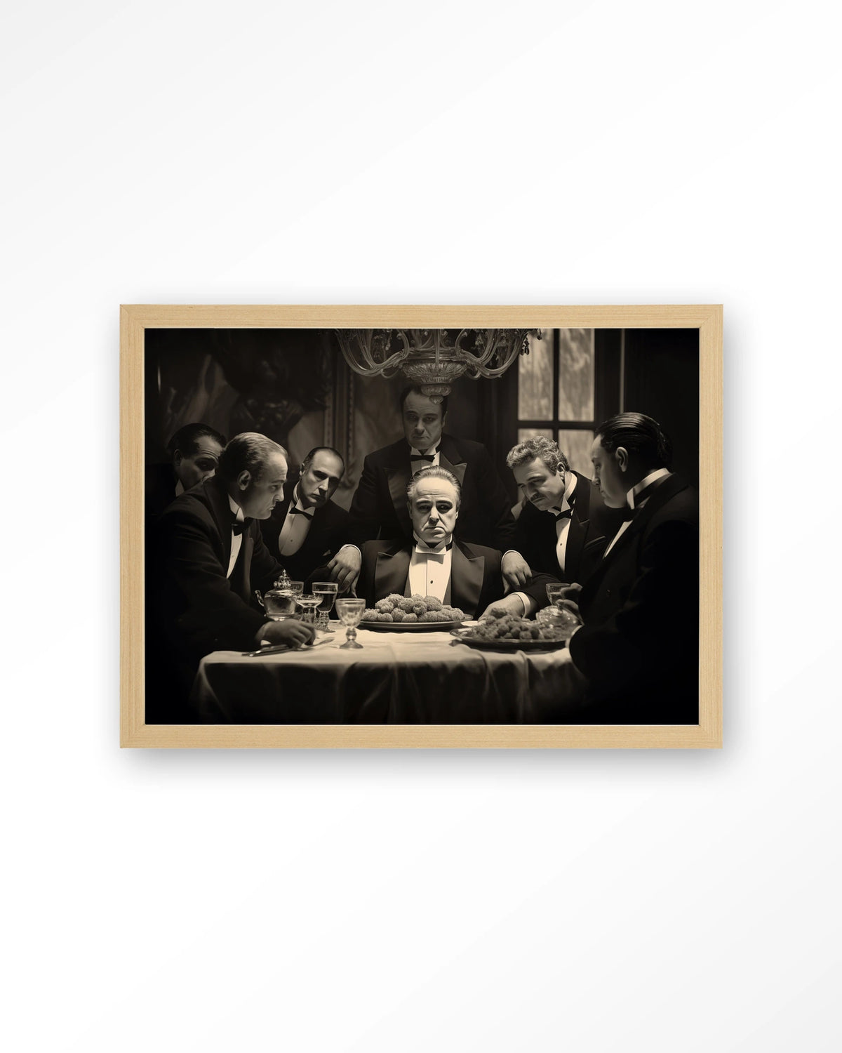 Dinner With Gangsters – gangsters aan diner in zwart-wit – Art print – Hout naturel