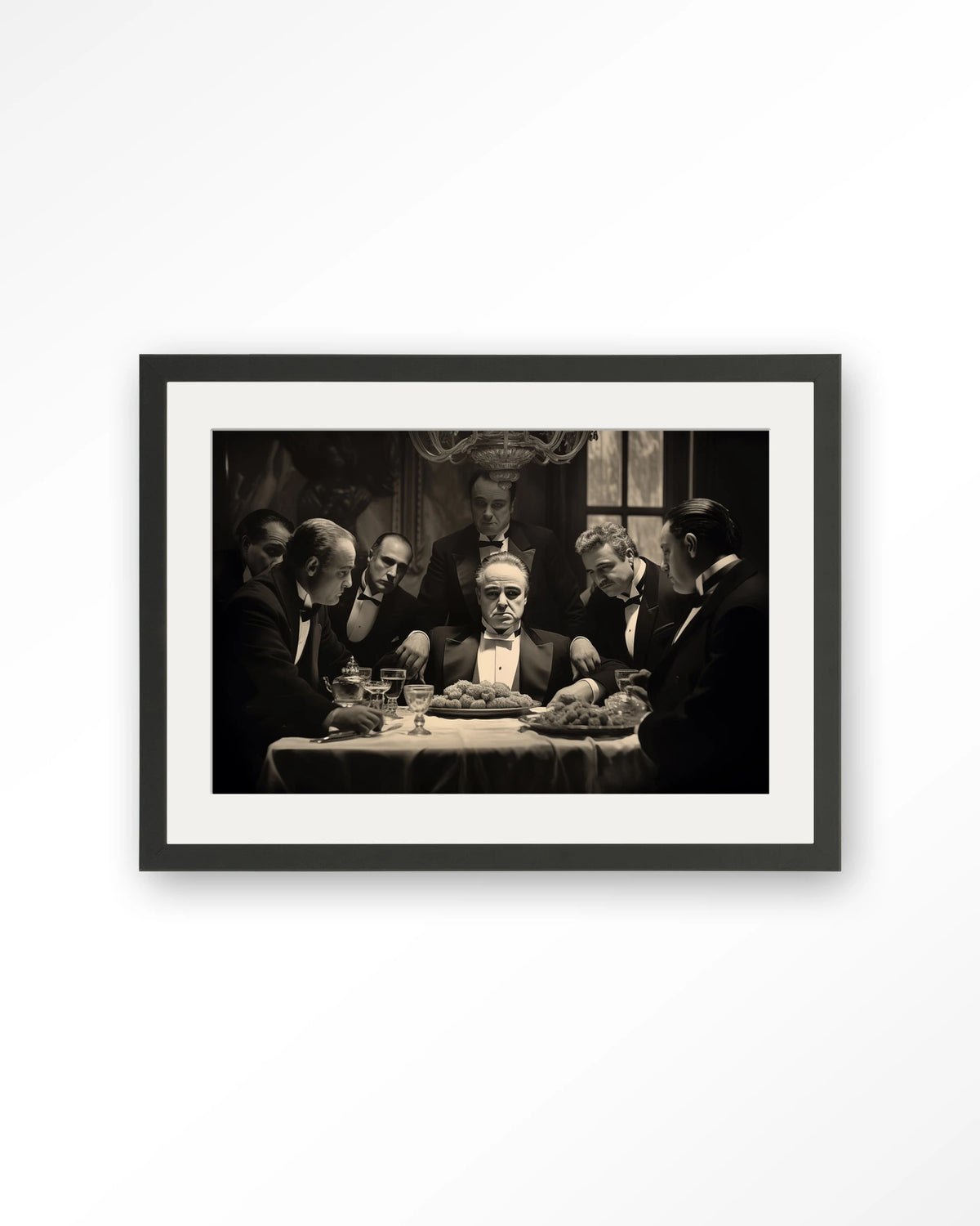 Dinner With Gangsters – gangsters aan diner in zwart-wit – Art print – Hout zwart + passe-partout