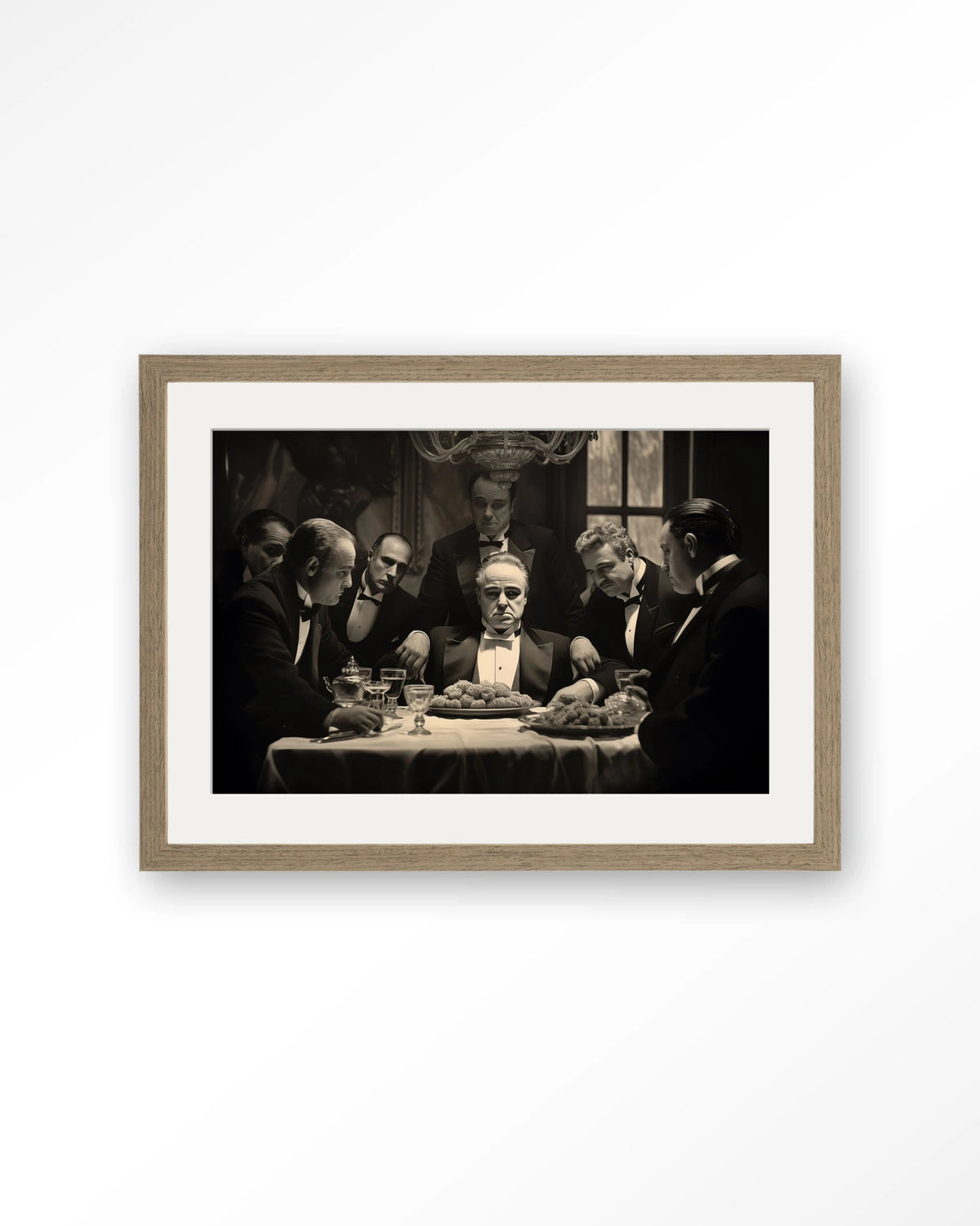 Dinner With Gangsters – gangsters aan diner in zwart-wit – Art print – Hout bruin + passe-partout