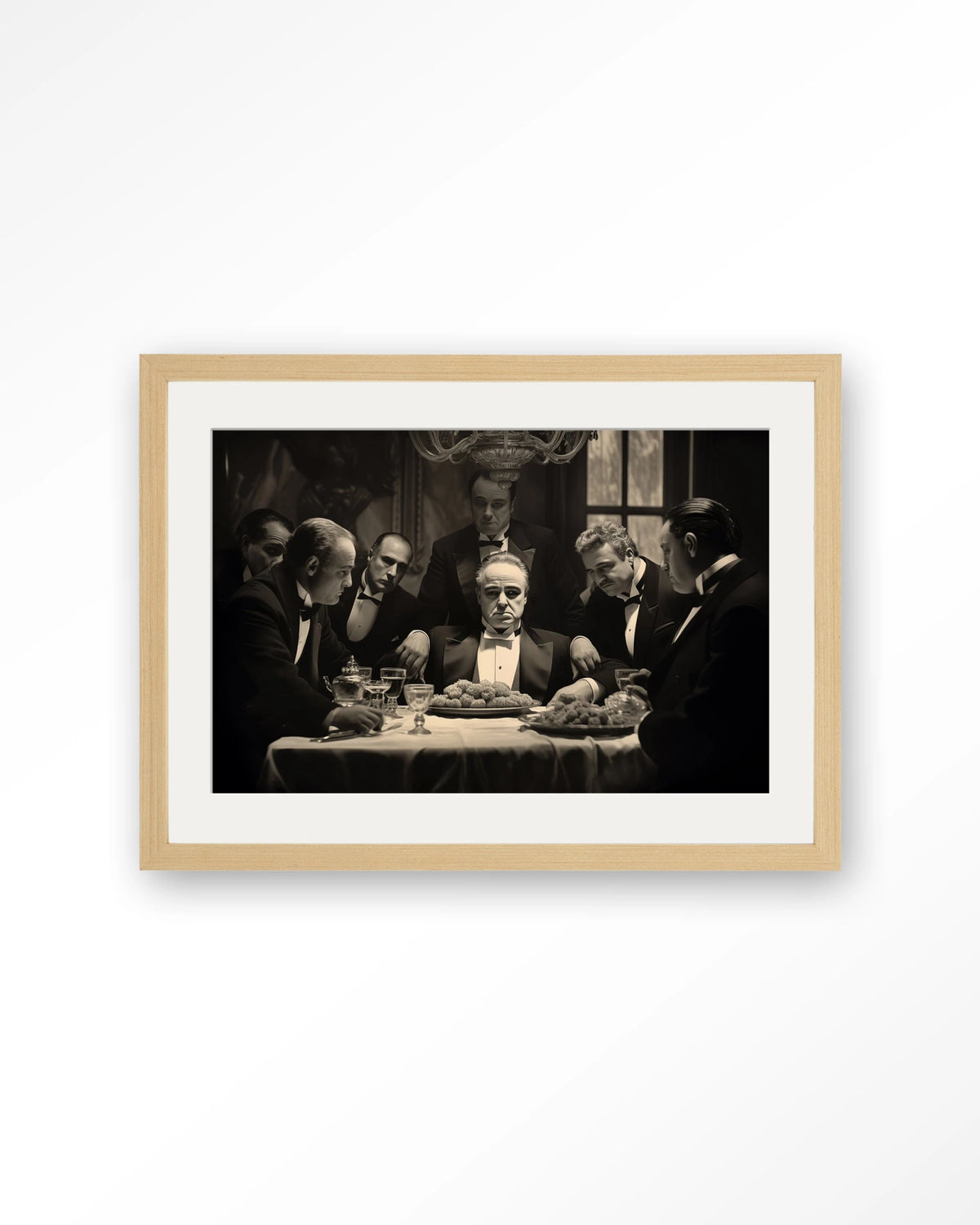Dinner With Gangsters – gangsters aan diner in zwart-wit – Art print – Hout naturel + passe-partout