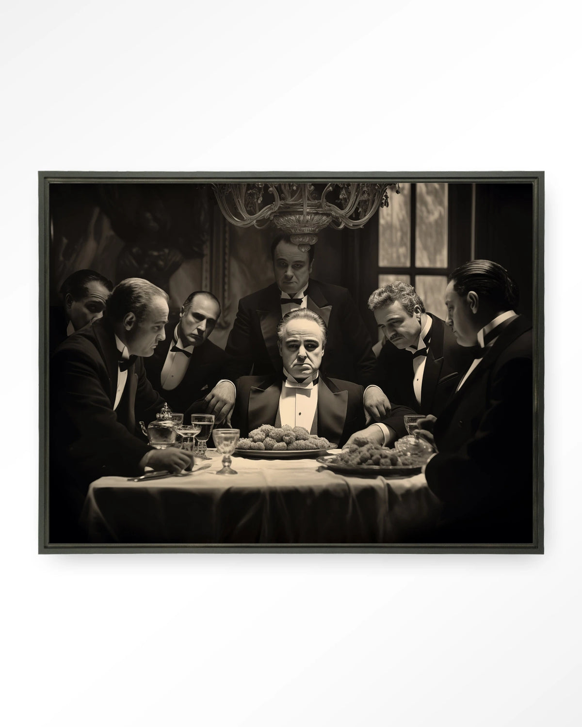 Dinner With Gangsters – gangsters aan diner in zwart-wit – Wandkleed – Floating frame – zwart