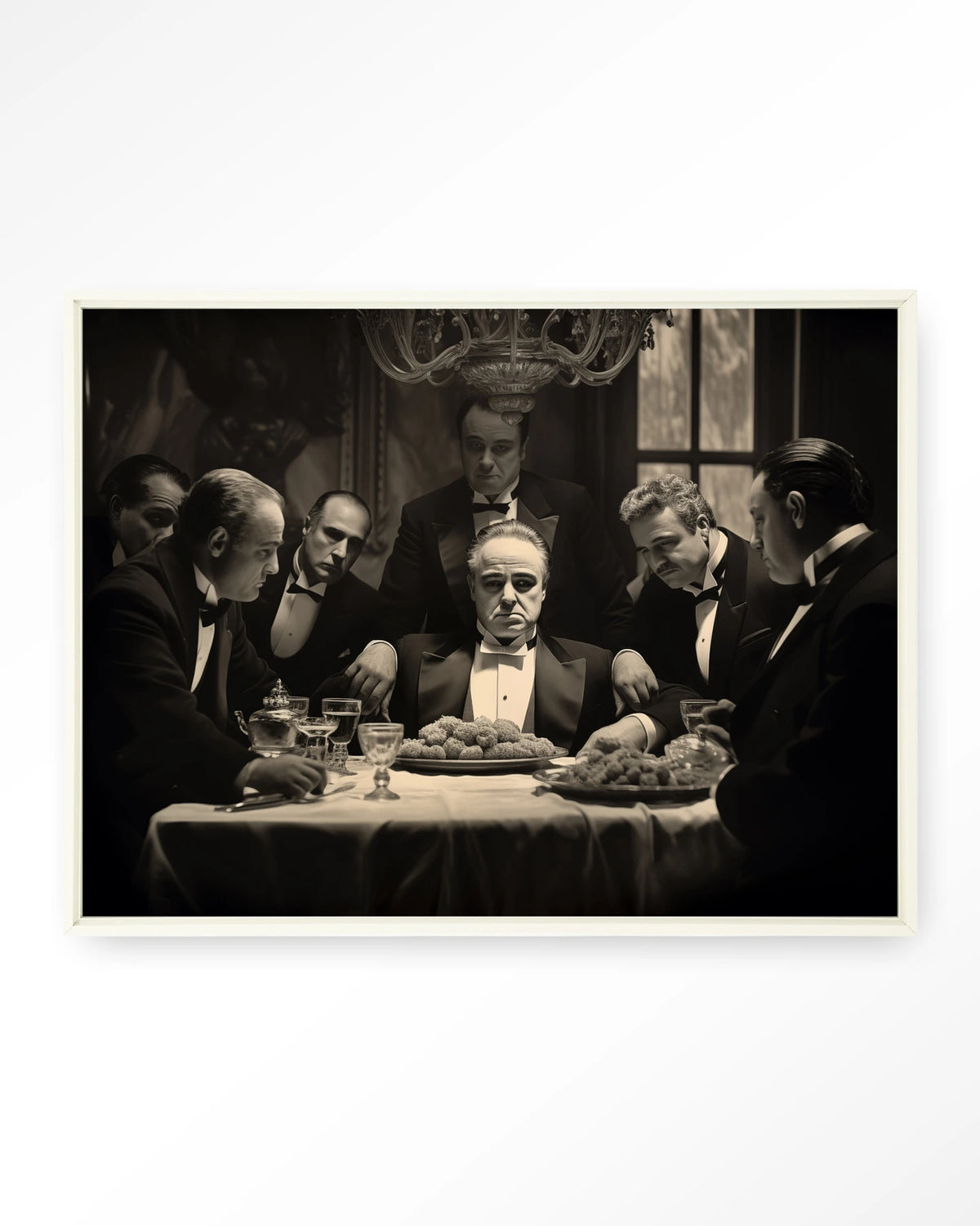 Dinner With Gangsters – gangsters aan diner in zwart-wit – Wandkleed – Floating frame – wit