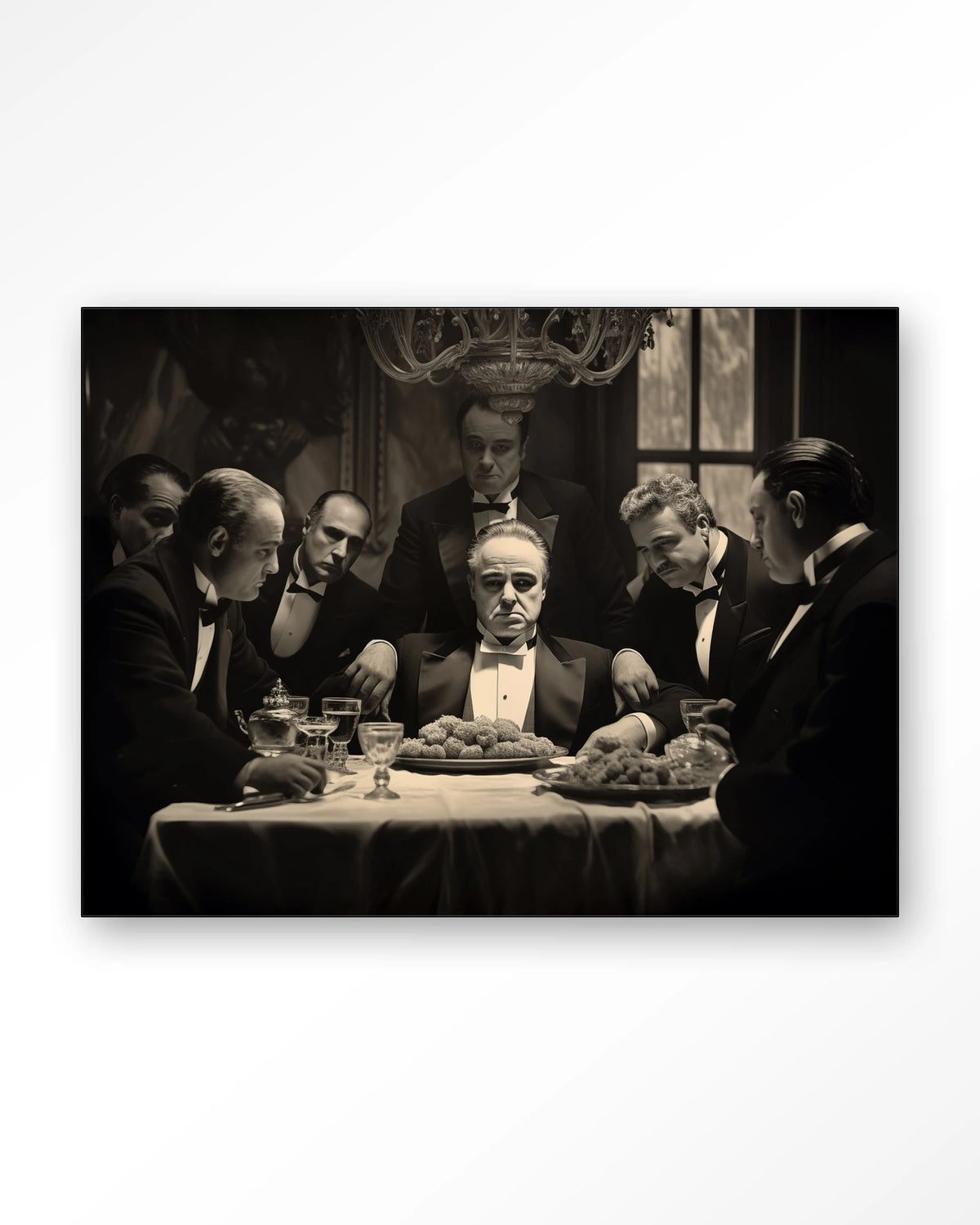 Dinner With Gangsters – gangsters aan diner in zwart-wit – Wandkleed – Frame – zwart