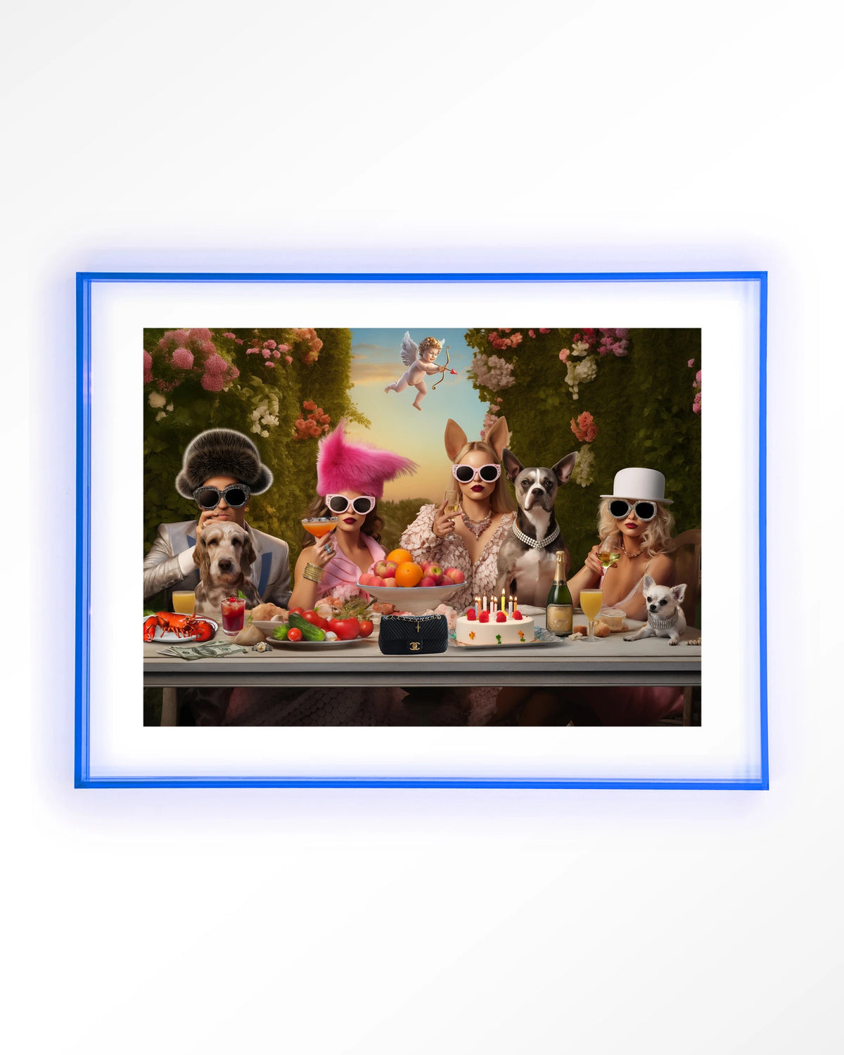 Uptown Table – honden en dames aan feesttafel – Art print – Acryl lichtblauw