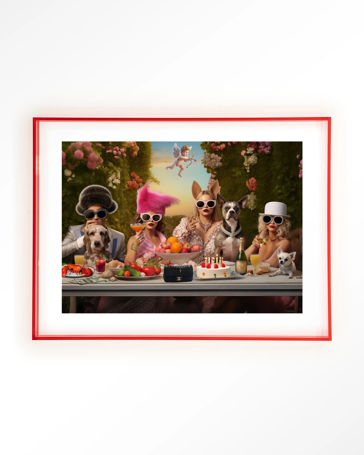 Uptown Table – honden en dames aan feesttafel – Art print – Acryl roze
