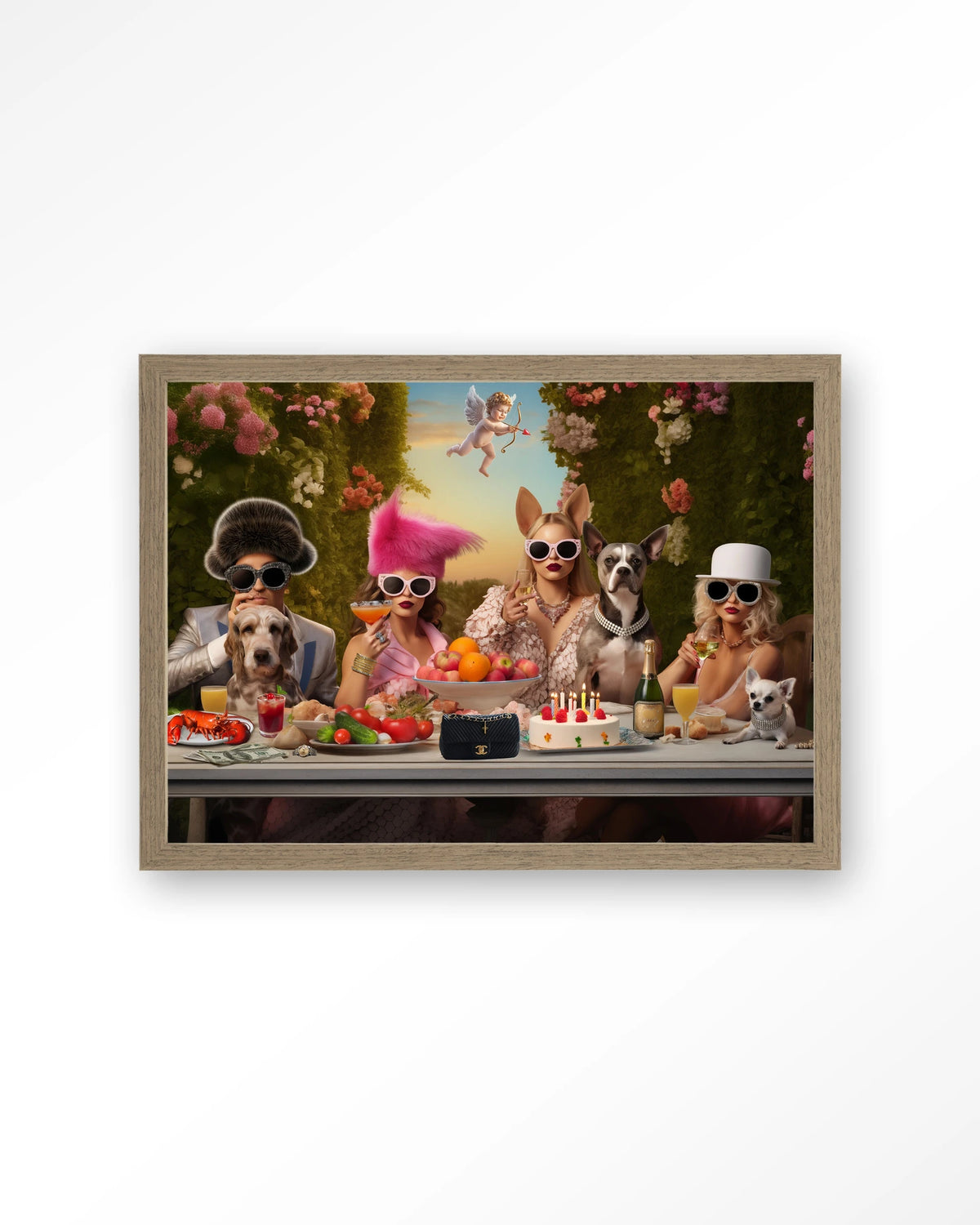 Uptown Table – honden en dames aan feesttafel – Art print – Hout bruin