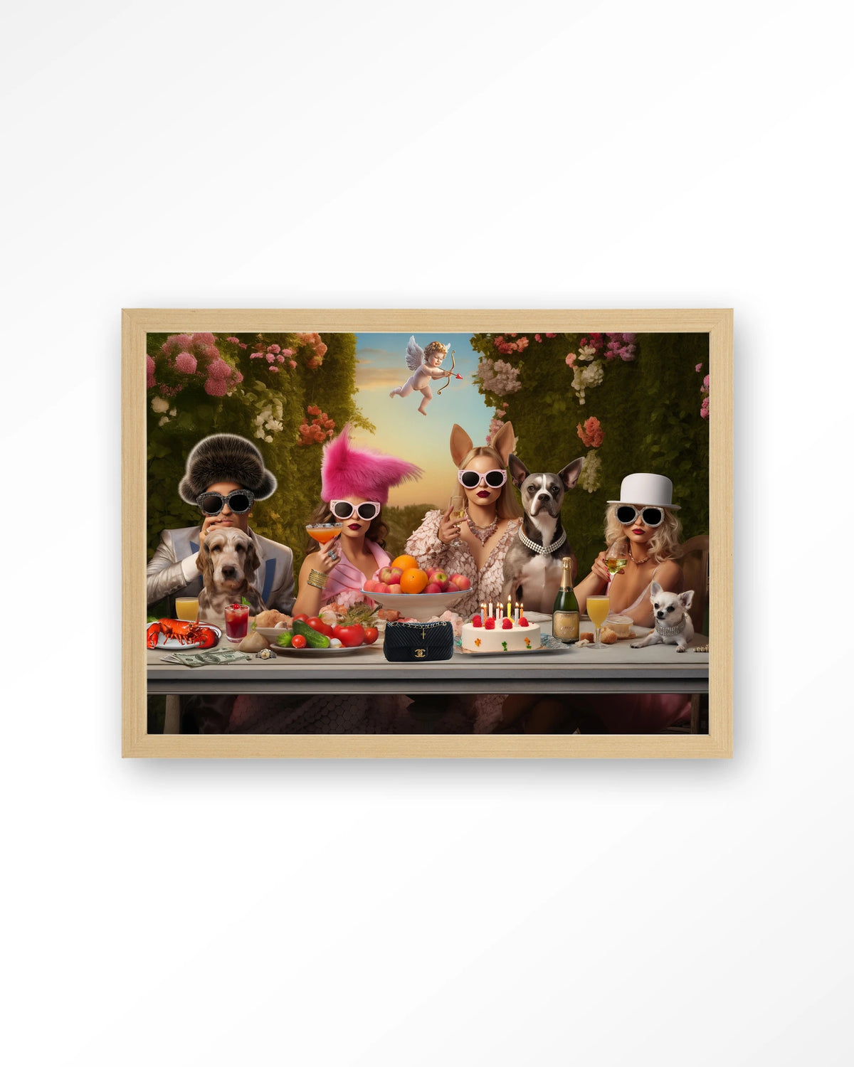 Uptown Table – honden en dames aan feesttafel – Art print – Hout naturel