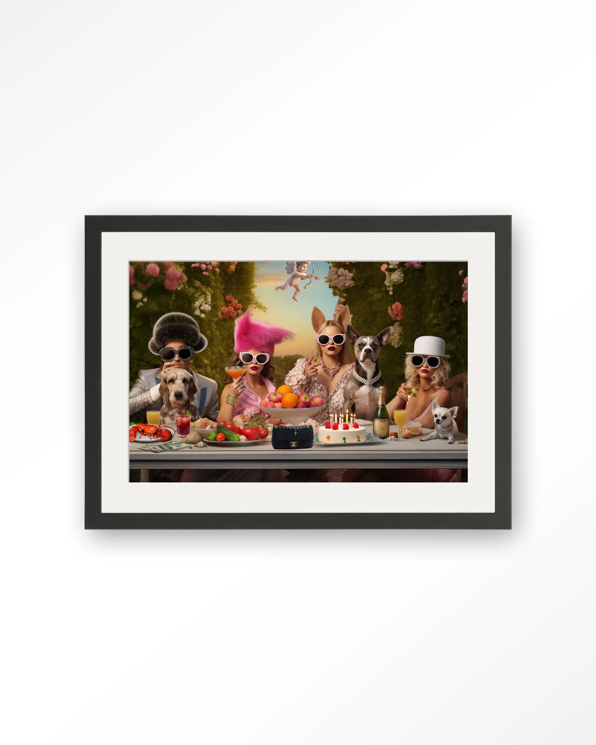 Uptown Table – honden en dames aan feesttafel – Art print – Hout zwart + passe-partout