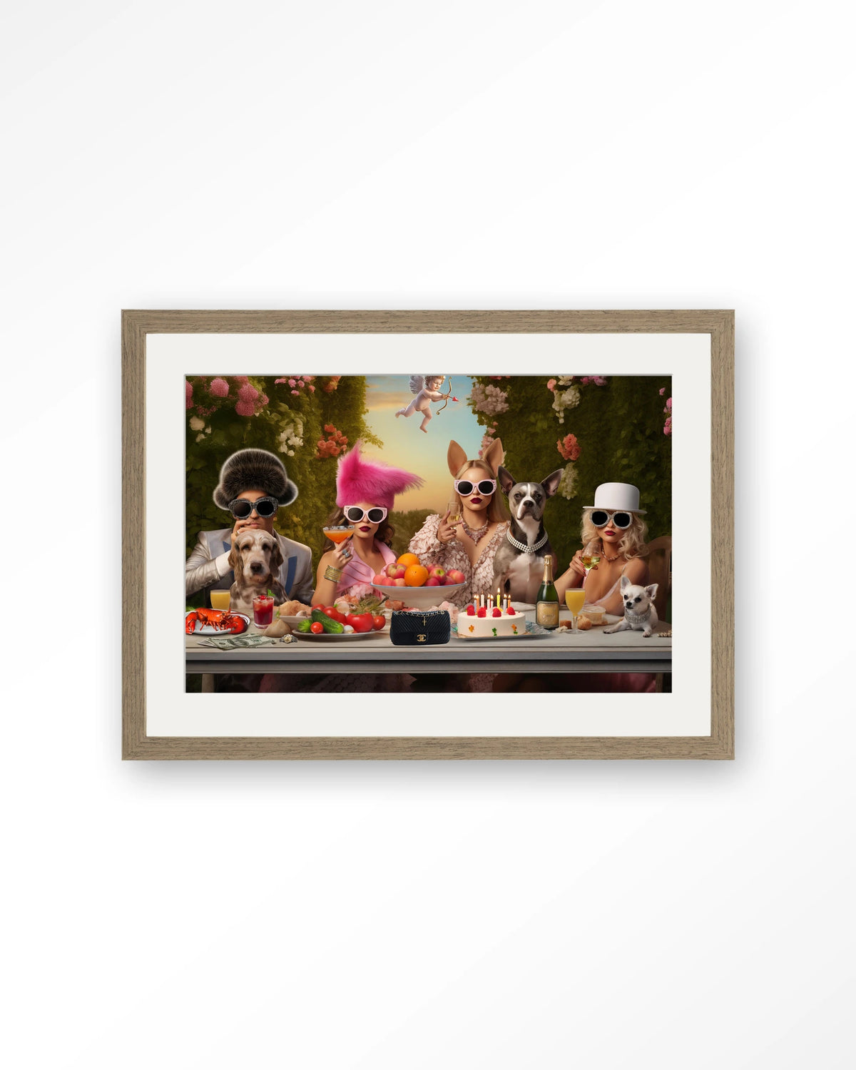 Uptown Table – honden en dames aan feesttafel – Art print – Hout bruin + passe-partout
