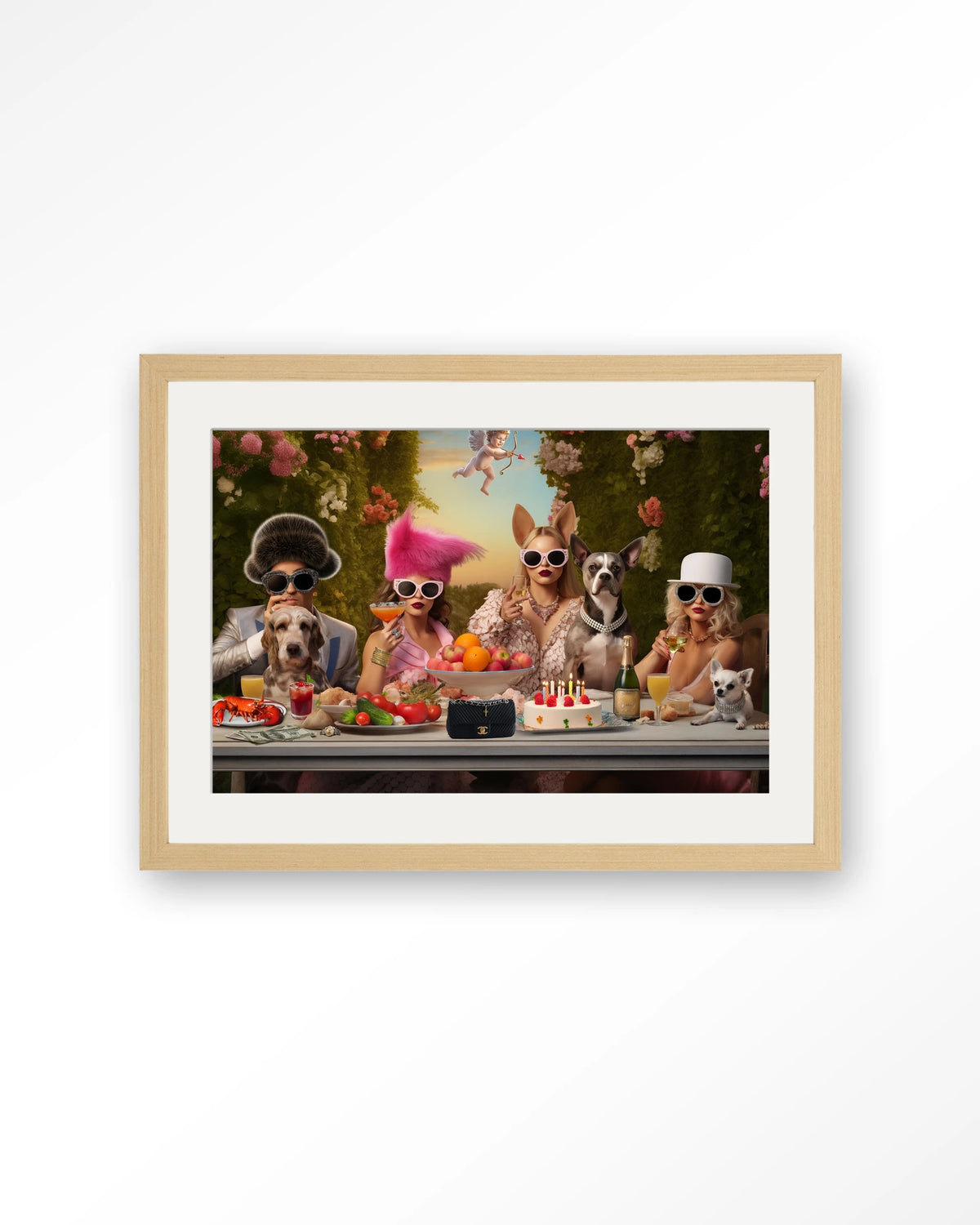 Uptown Table – honden en dames aan feesttafel – Art print – Hout naturel + passe-partout