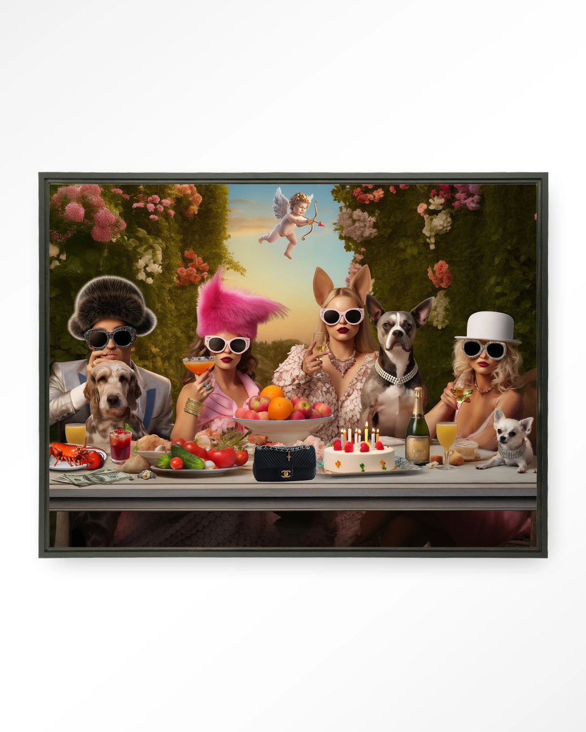 Uptown Table – honden en dames aan feesttafel – Wandkleed – Floating frame – zwart