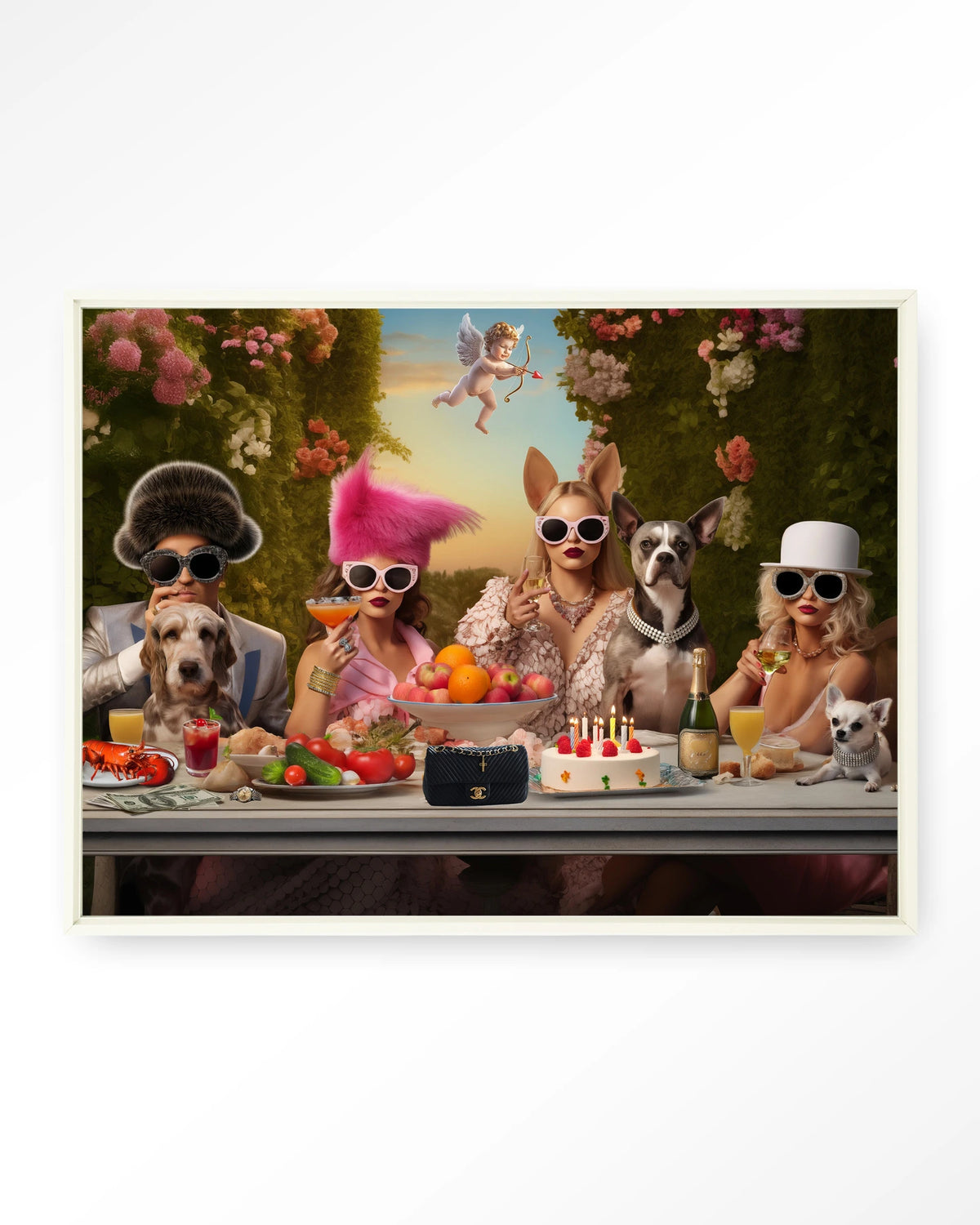Uptown Table – honden en dames aan feesttafel – Wandkleed – Floating frame – wit