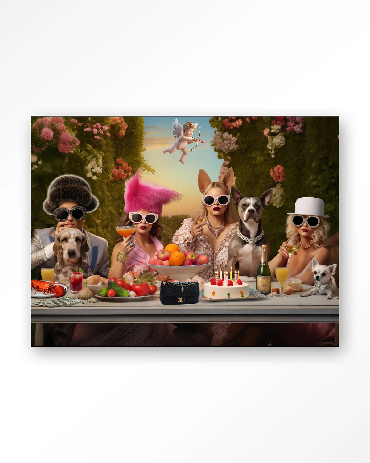 Uptown Table – honden en dames aan feesttafel – Wandkleed – Frame – zwart