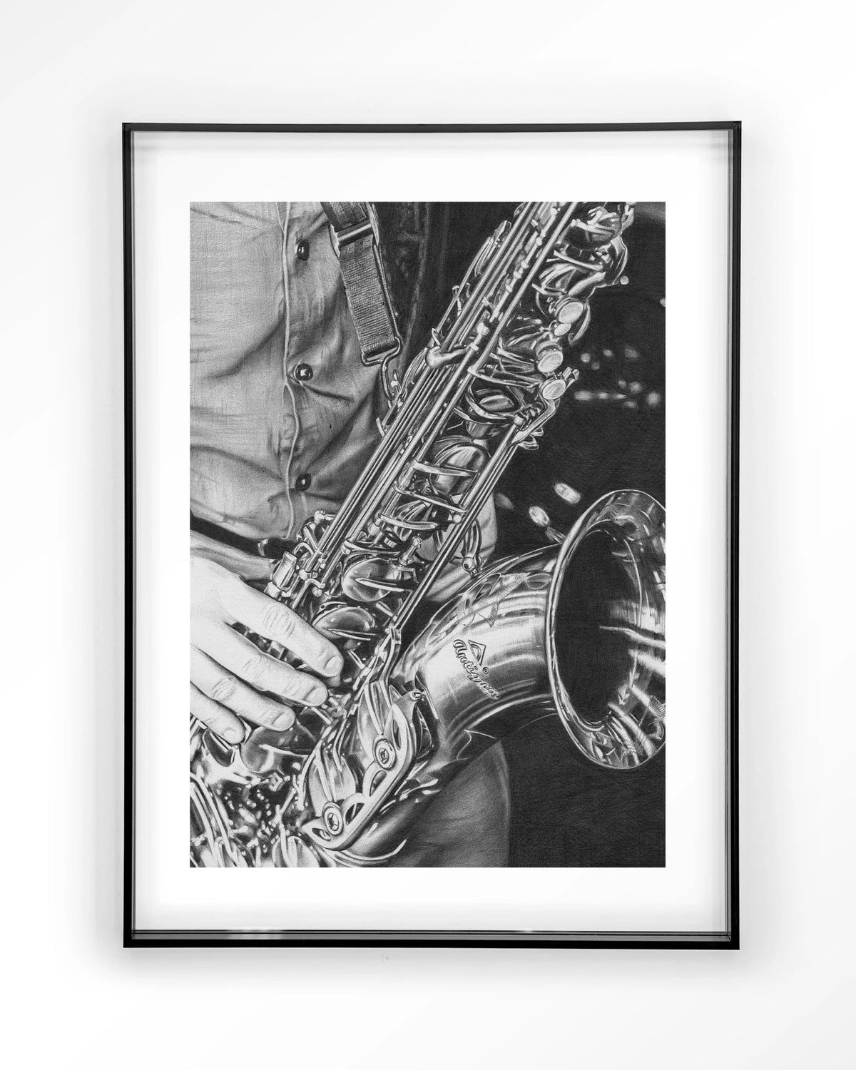 The man with the sax – saxofoon in zwart-wit – Art print – Acryl zwart