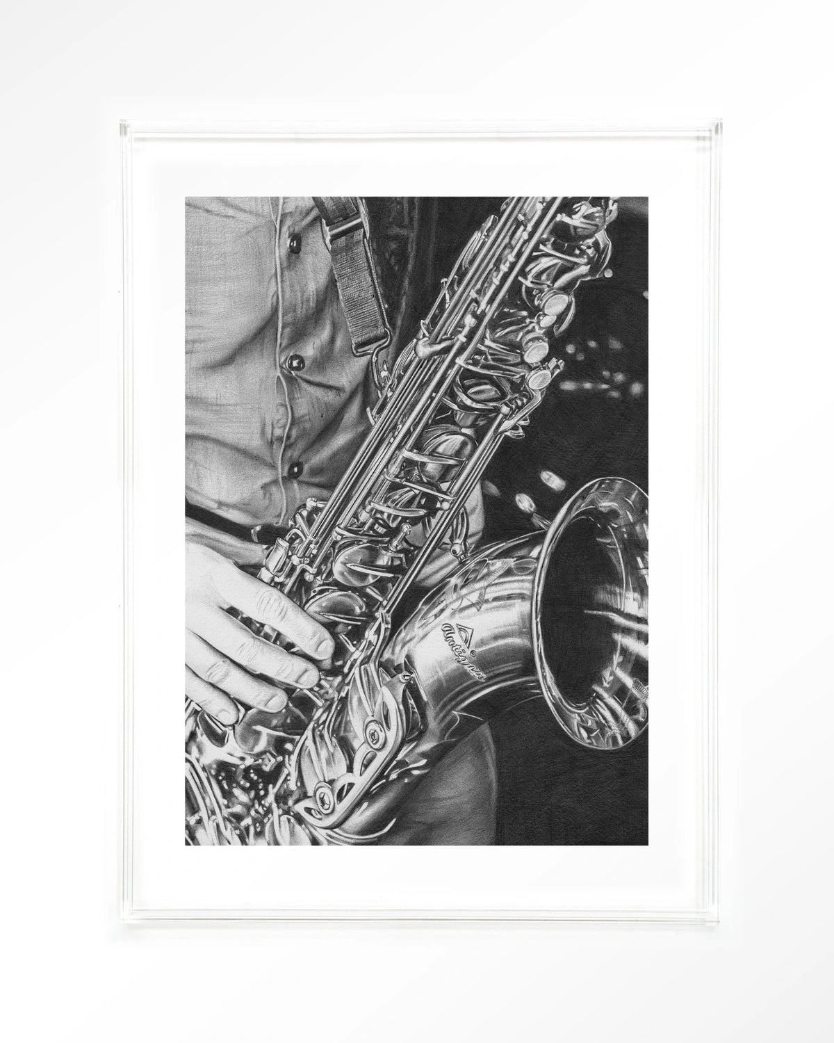 The man with the sax – saxofoon in zwart-wit – Art print – Acryl doorzichtig