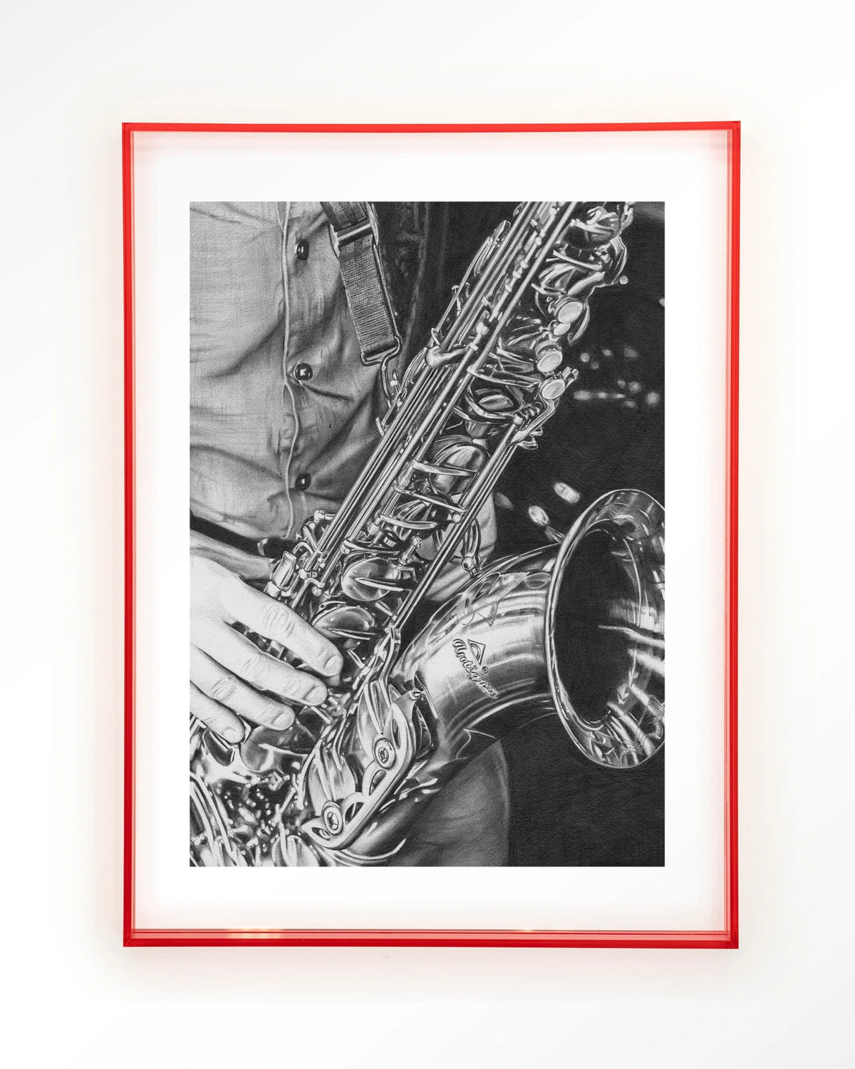 The man with the sax – saxofoon in zwart-wit – Art print – Acryl roze