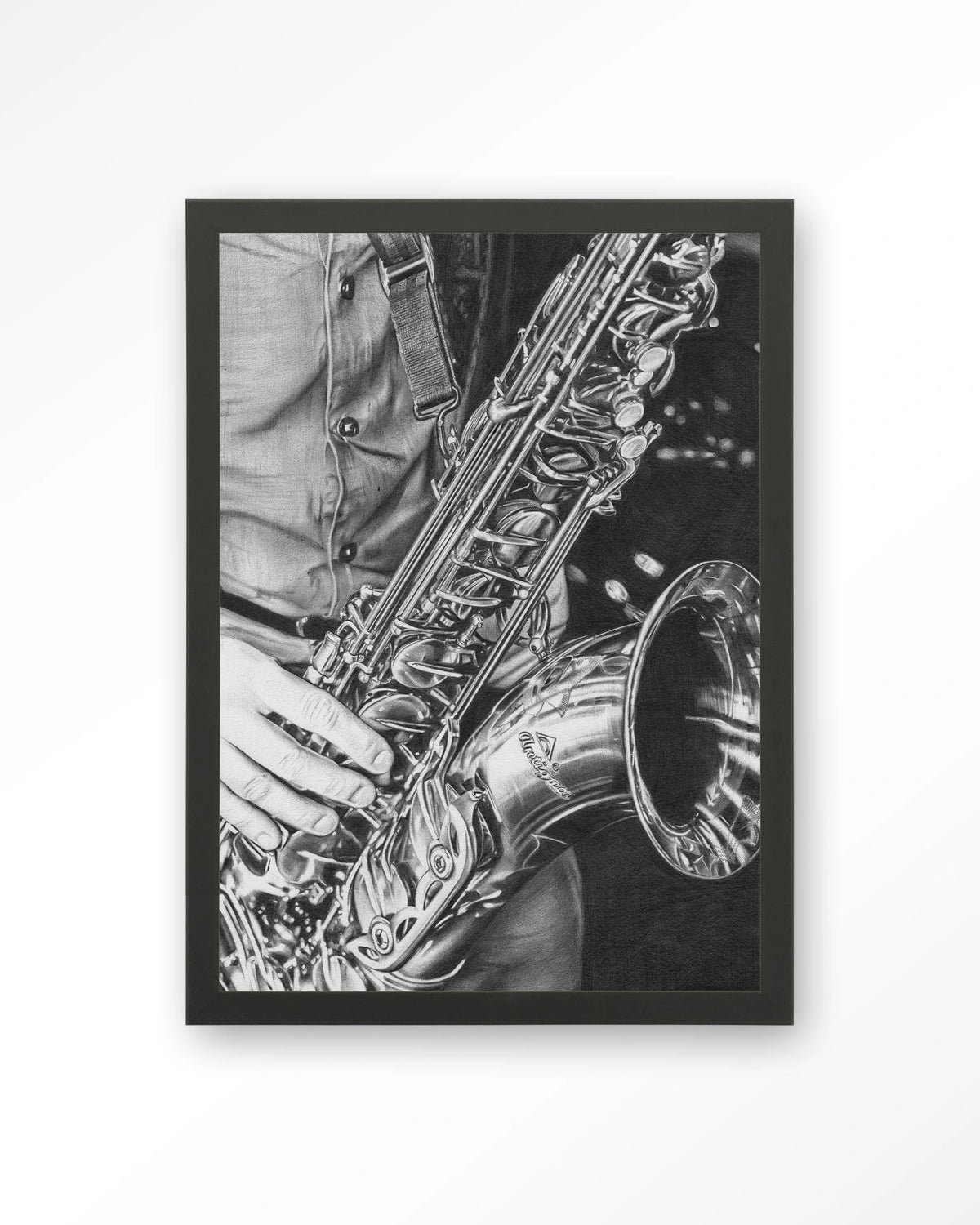 The man with the sax – saxofoon in zwart-wit – Art print – Hout zwart