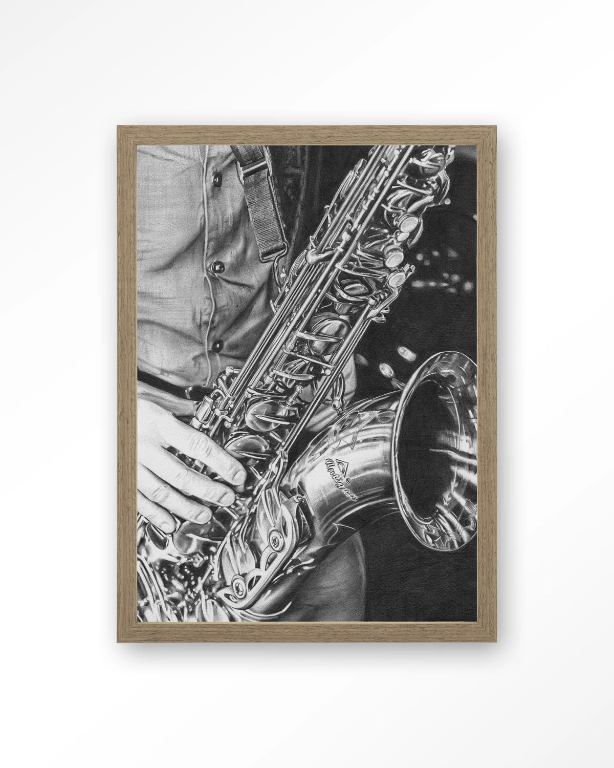 The man with the sax – saxofoon in zwart-wit – Art print – Hout bruin