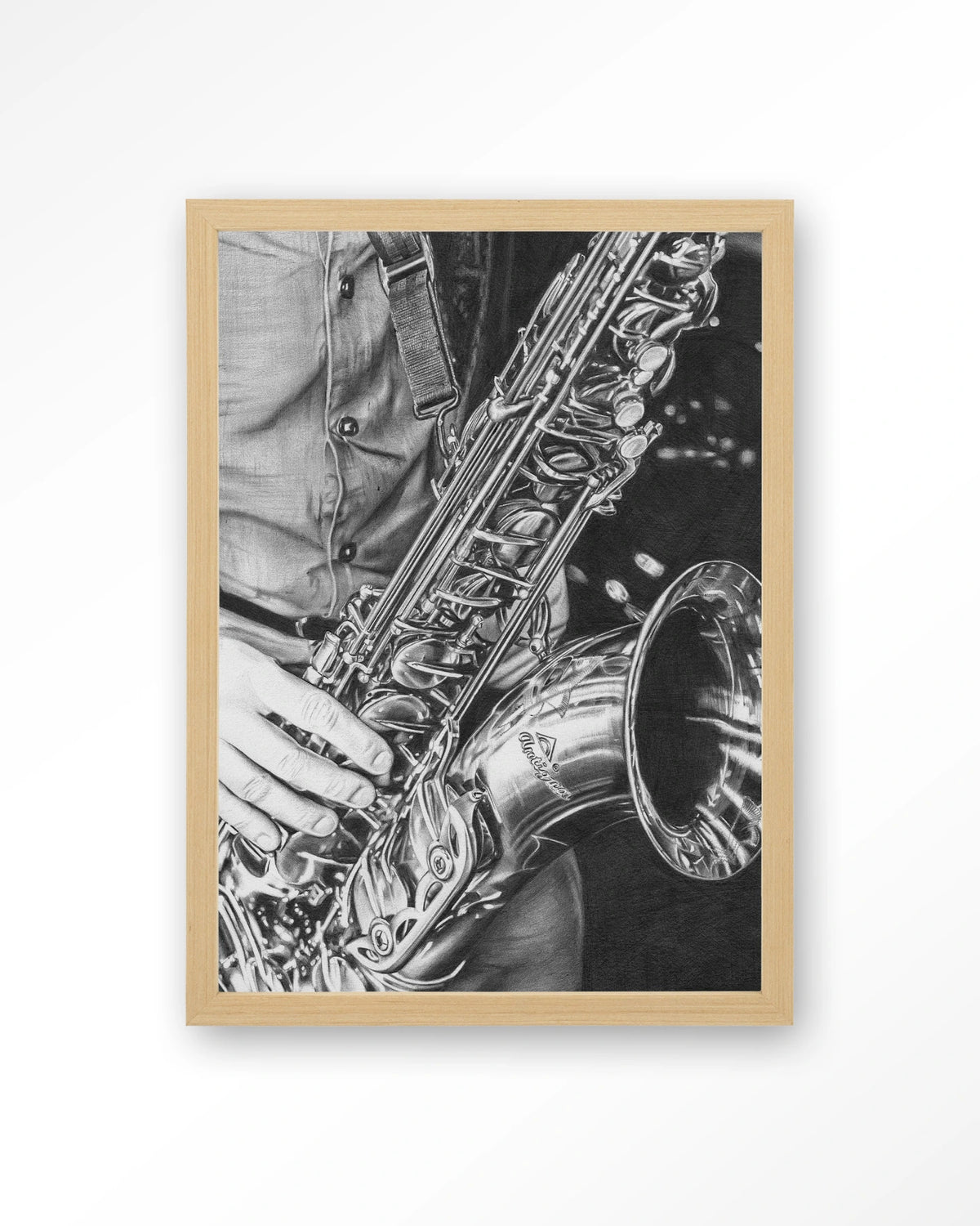 The man with the sax – saxofoon in zwart-wit – Art print – Hout naturel
