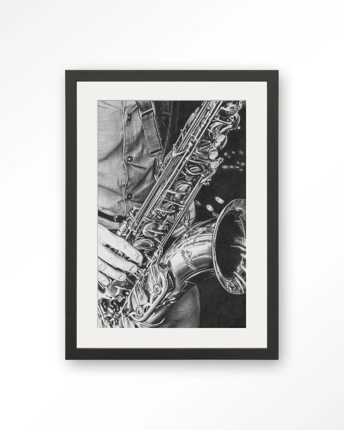 The man with the sax – saxofoon in zwart-wit – Art print – Hout zwart + passe-partout