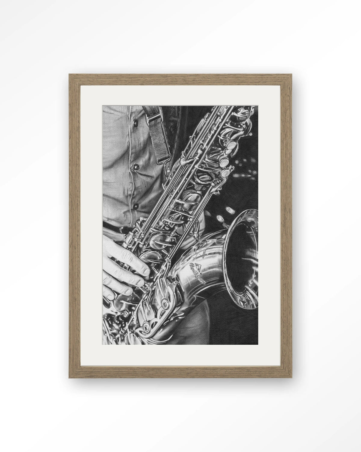 The man with the sax – saxofoon in zwart-wit – Art print – Hout bruin + passe-partout