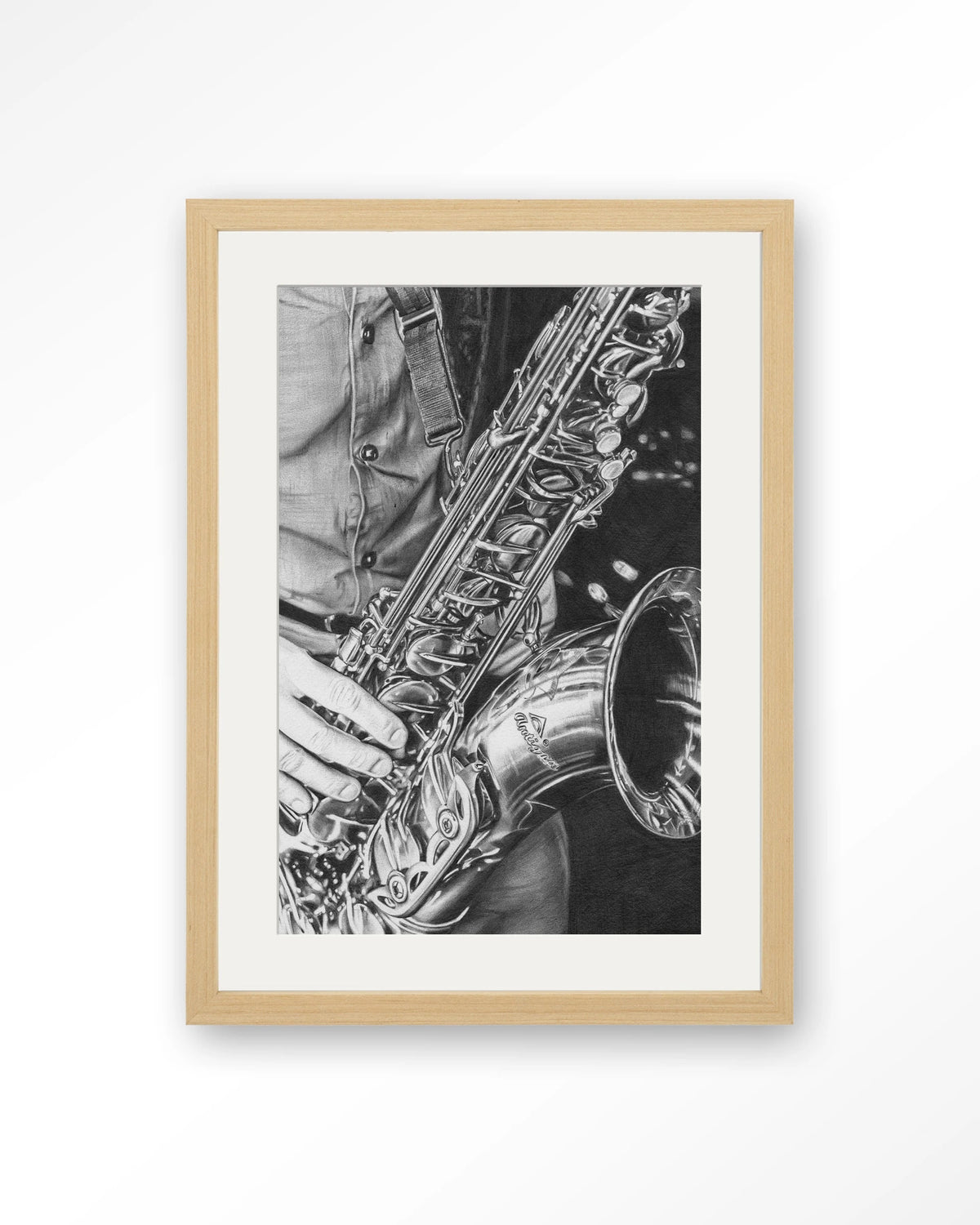 The man with the sax – saxofoon in zwart-wit – Art print – Hout naturel + passe-partout