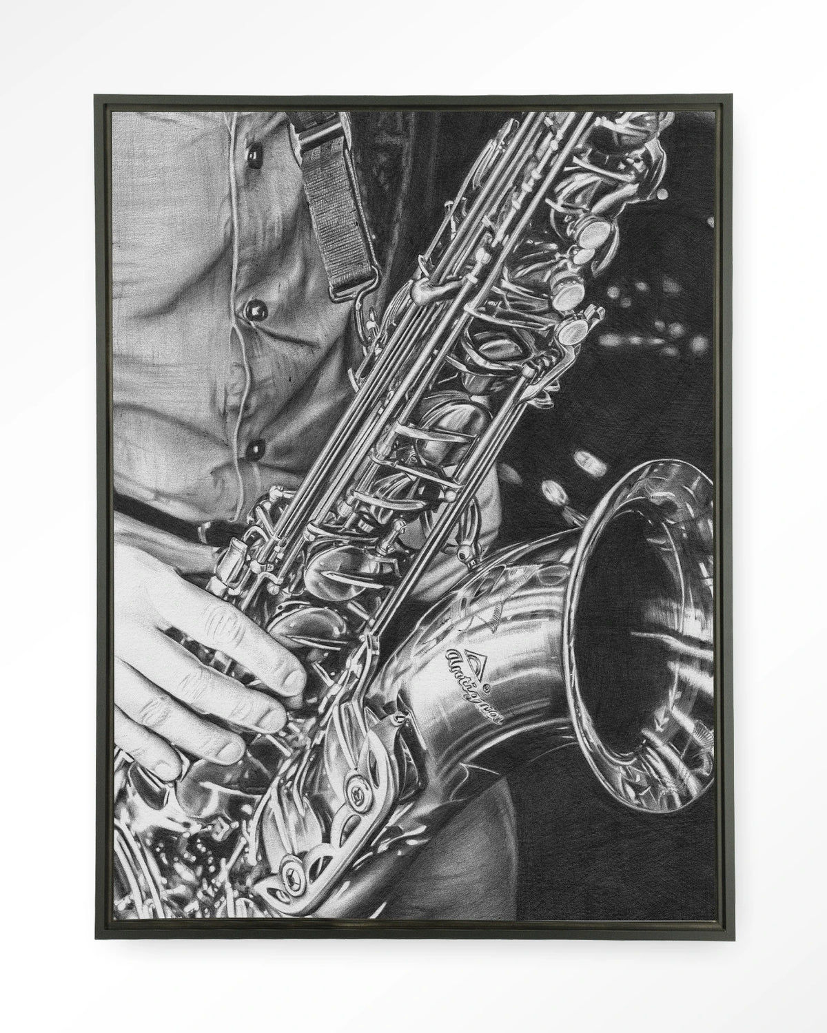 The man with the sax – saxofoon in zwart-wit – Wandkleed – Floating frame – zwart