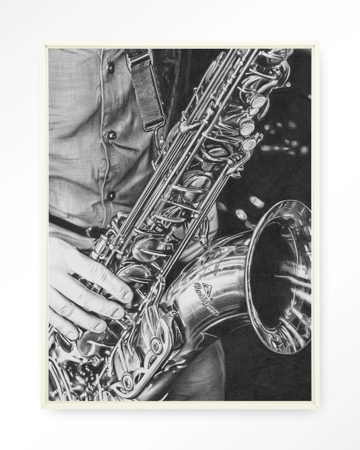 The man with the sax – saxofoon in zwart-wit – Wandkleed – Floating frame – wit