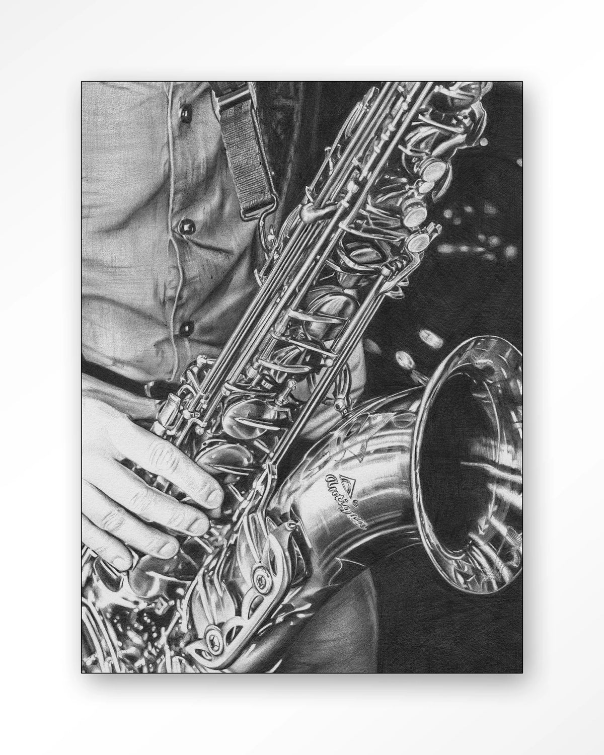The man with the sax – saxofoon in zwart-wit – Wandkleed – Frame – zwart