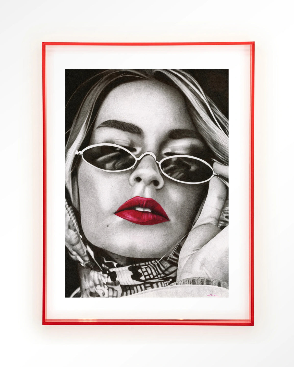 Fresh red – zwart-wit portret met rode lippen – Art print – Acryl roze
