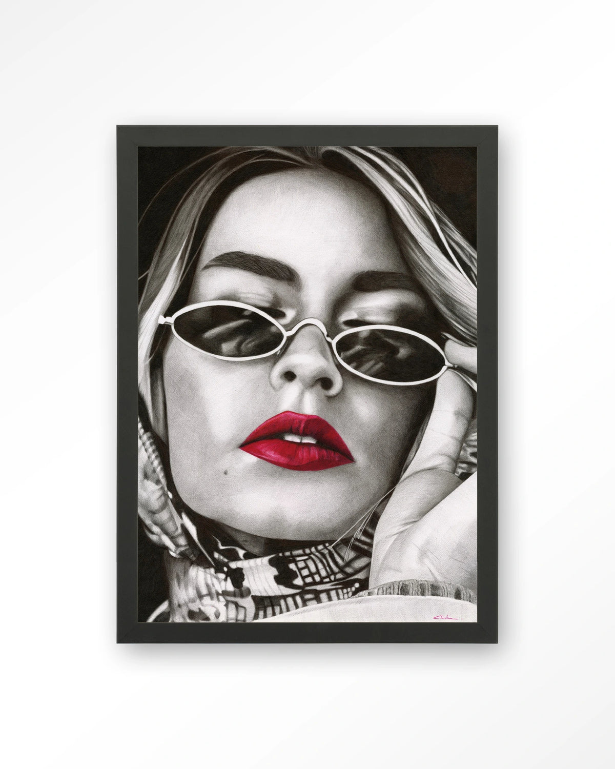 Fresh red – zwart-wit portret met rode lippen – Art print – Hout zwart