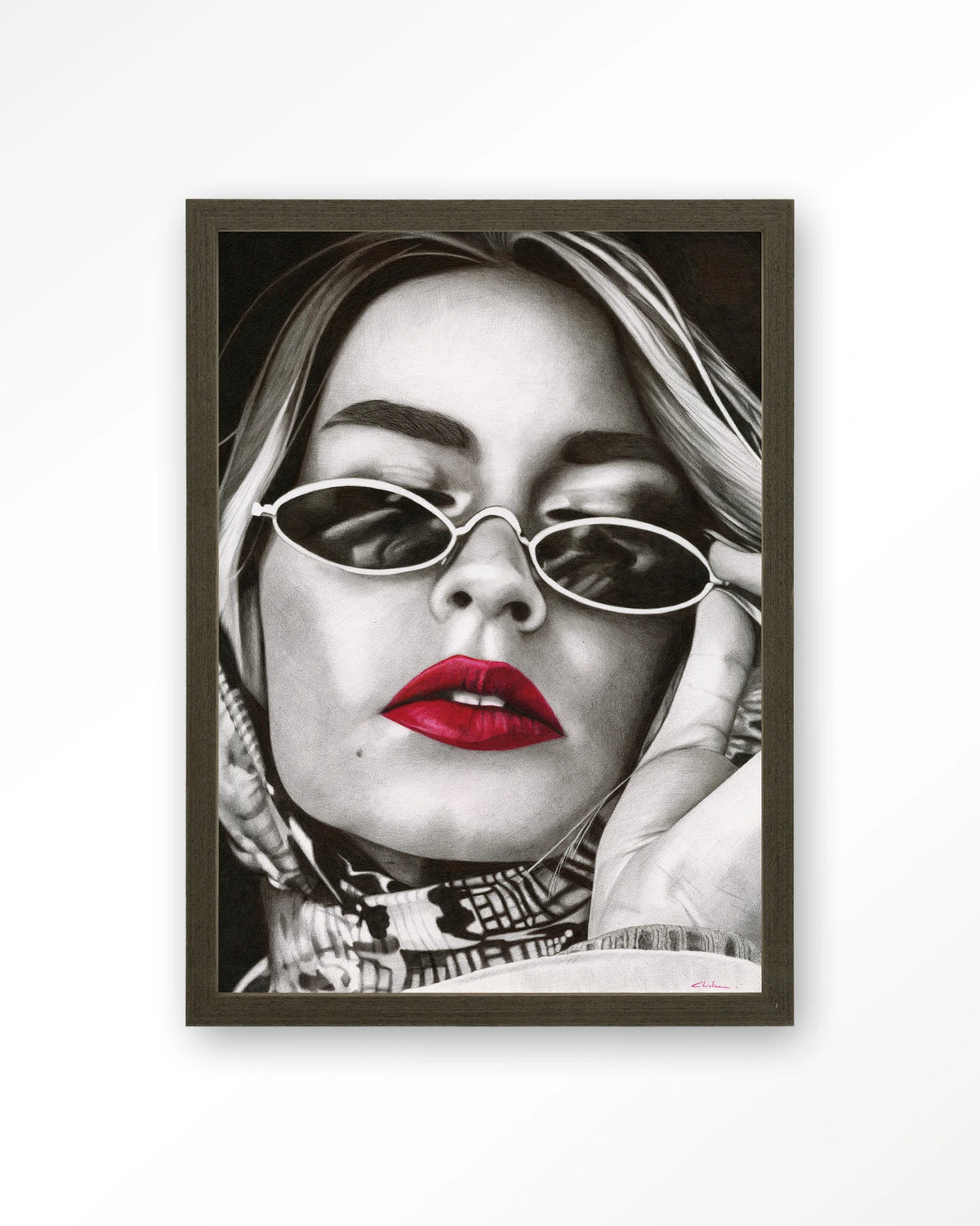 Fresh red – zwart-wit portret met rode lippen – Art print – Hout donkerbruin