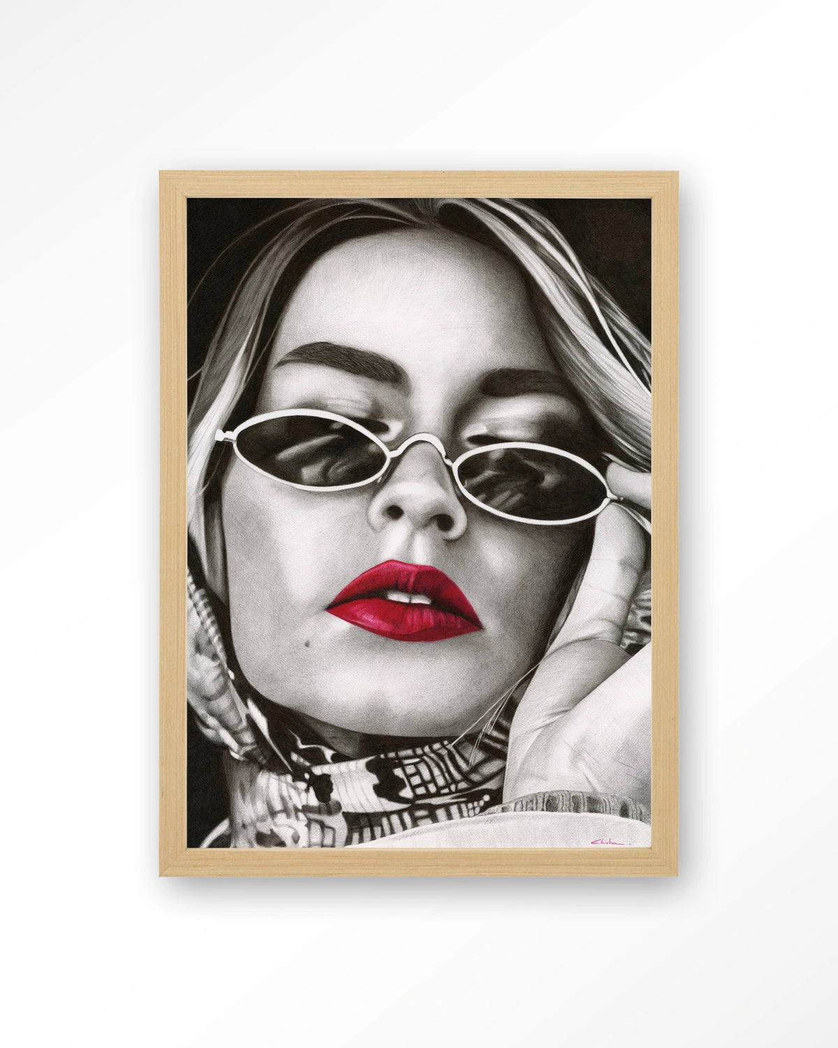Fresh red – zwart-wit portret met rode lippen – Art print – Hout naturel