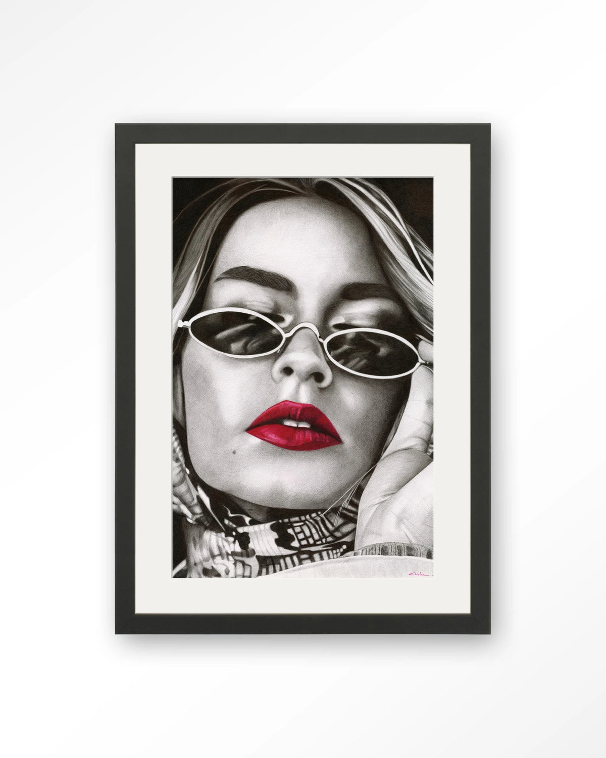 Fresh red – zwart-wit portret met rode lippen – Art print – Hout zwart + passe-partout