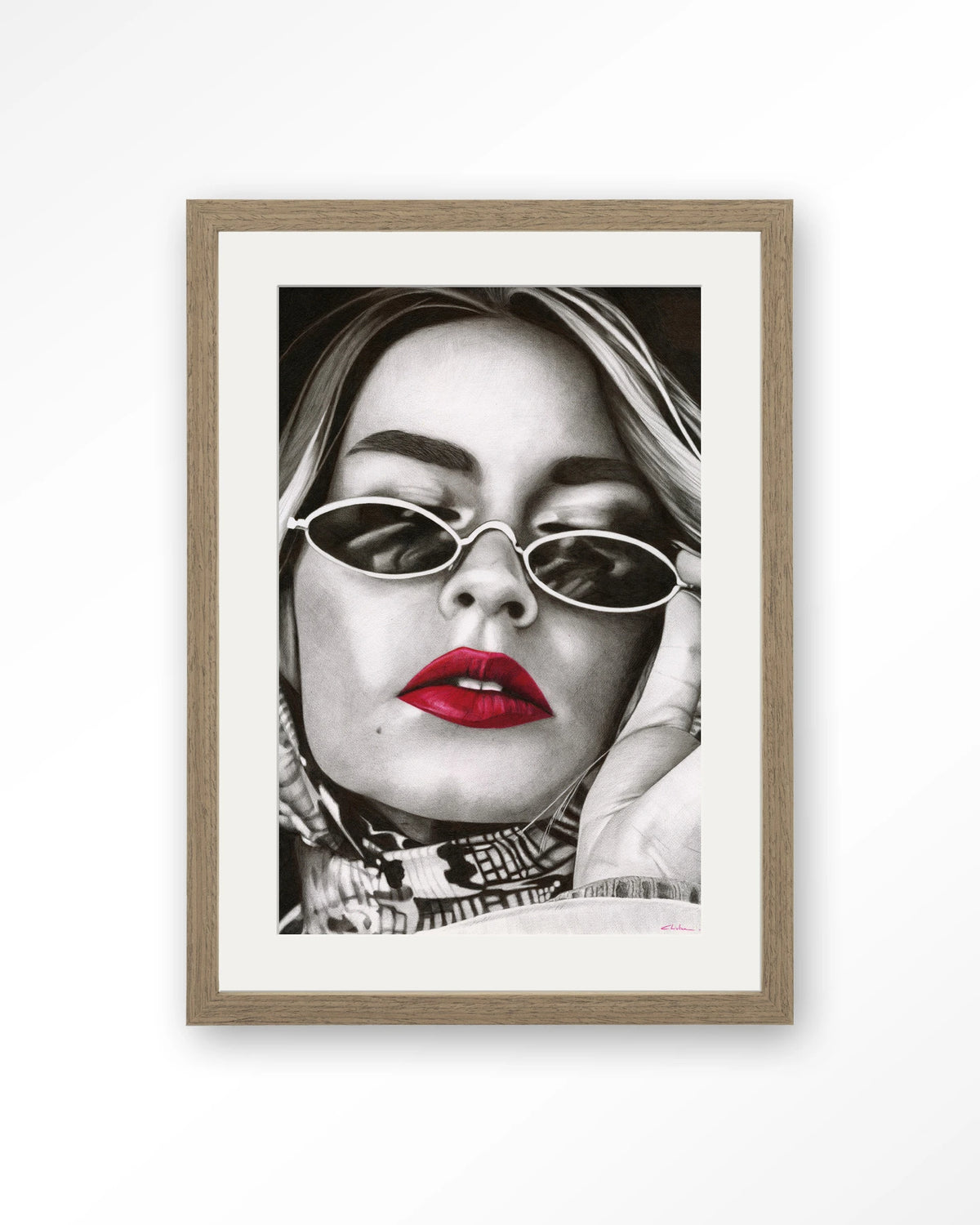Fresh red – zwart-wit portret met rode lippen – Art print – Hout bruin + passe-partout