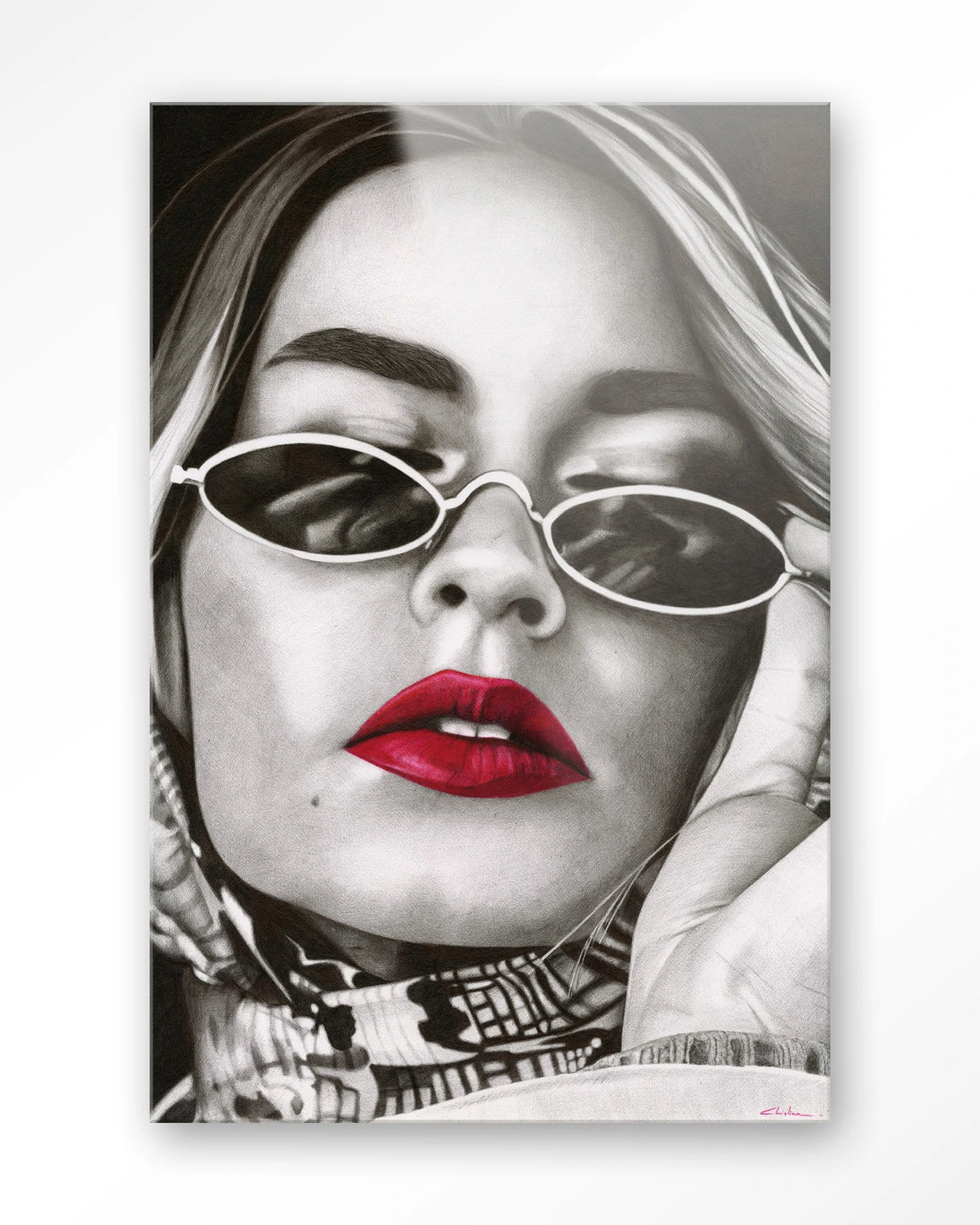 Fresh red – zwart-wit portret met rode lippen – Glas – Blinde montage