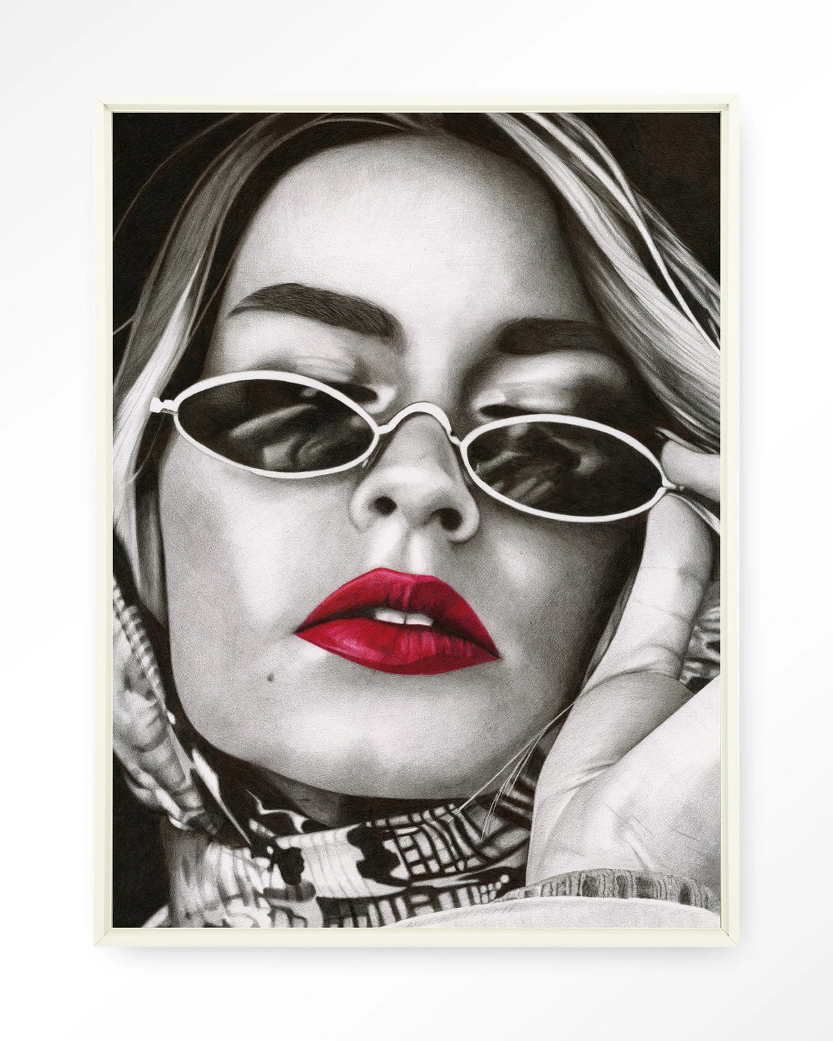 Fresh red – zwart-wit portret met rode lippen – Wandkleed – Floating frame – wit