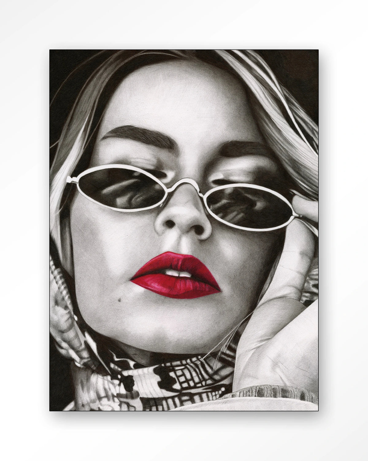 Fresh red – zwart-wit portret met rode lippen – Wandkleed – Frame – zwart