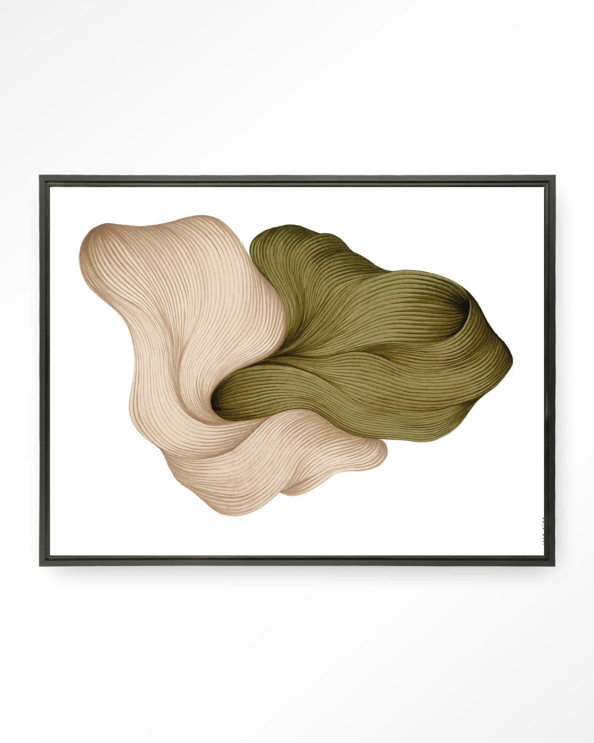 DWG-K – lijntekening in groen en beige – Wandkleed – Floating frame – zwart