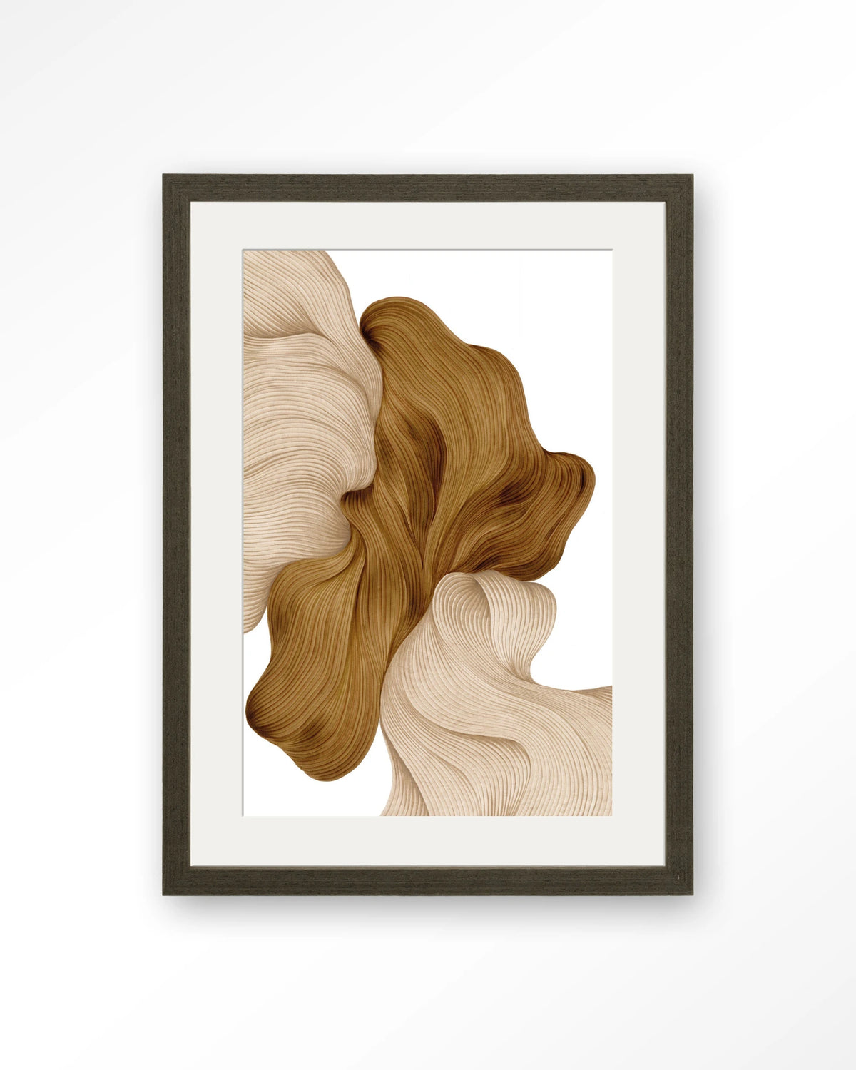 DWG-N – lijnkunst abstract in beige en goud – Art print – Hout donkerbruin + passe-partout