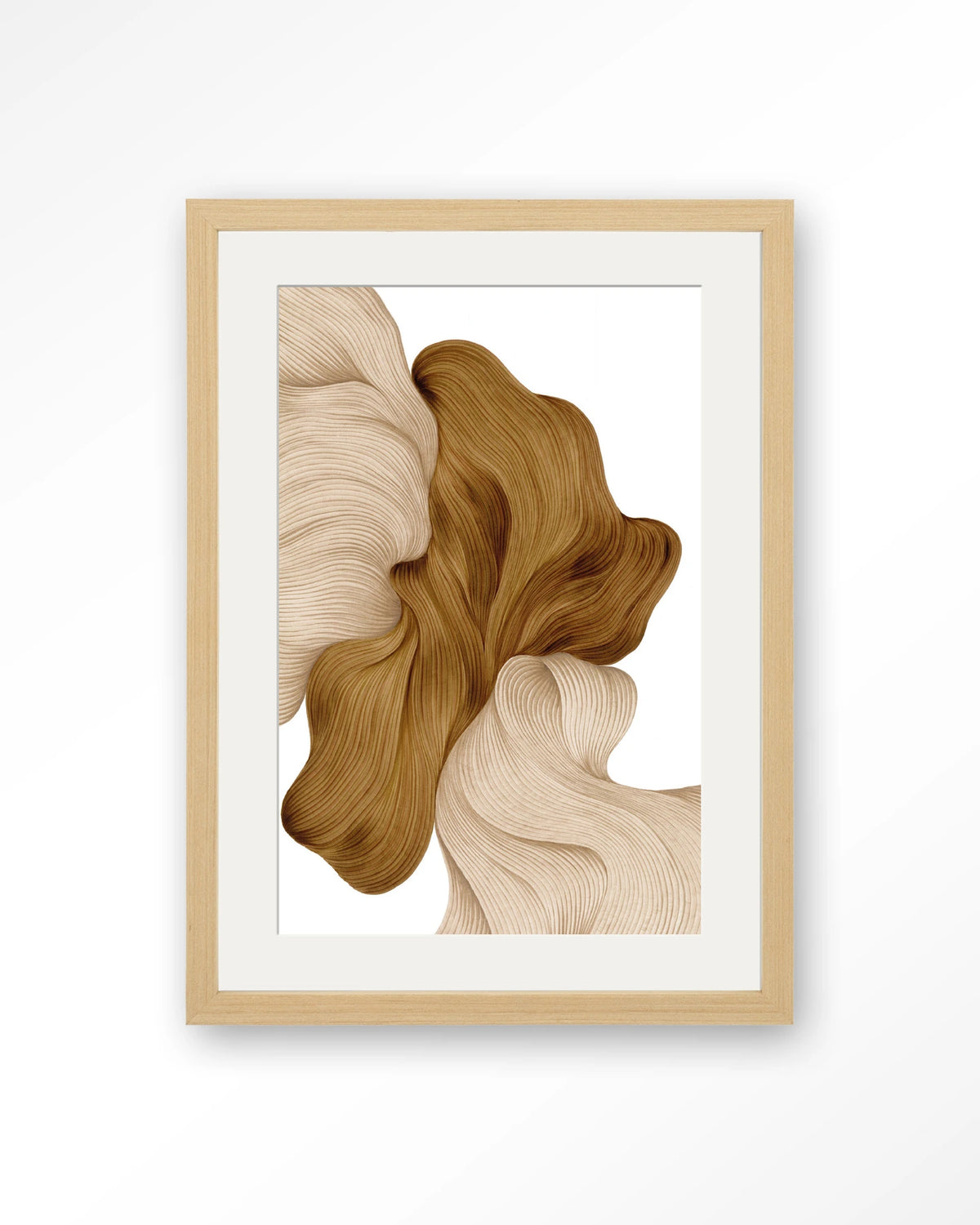 DWG-N – lijnkunst abstract in beige en goud – Art print – Hout naturel + passe-partout