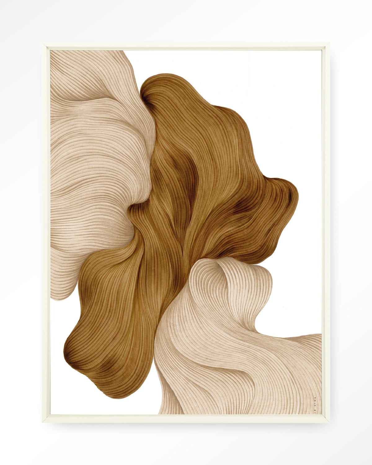 DWG-N – lijnkunst abstract in beige en goud – Wandkleed – Floating frame – wit