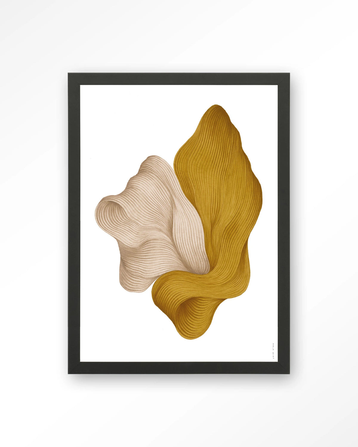 DWG-L – abstracte golvende vormen in geel en beige – Art print – Hout zwart