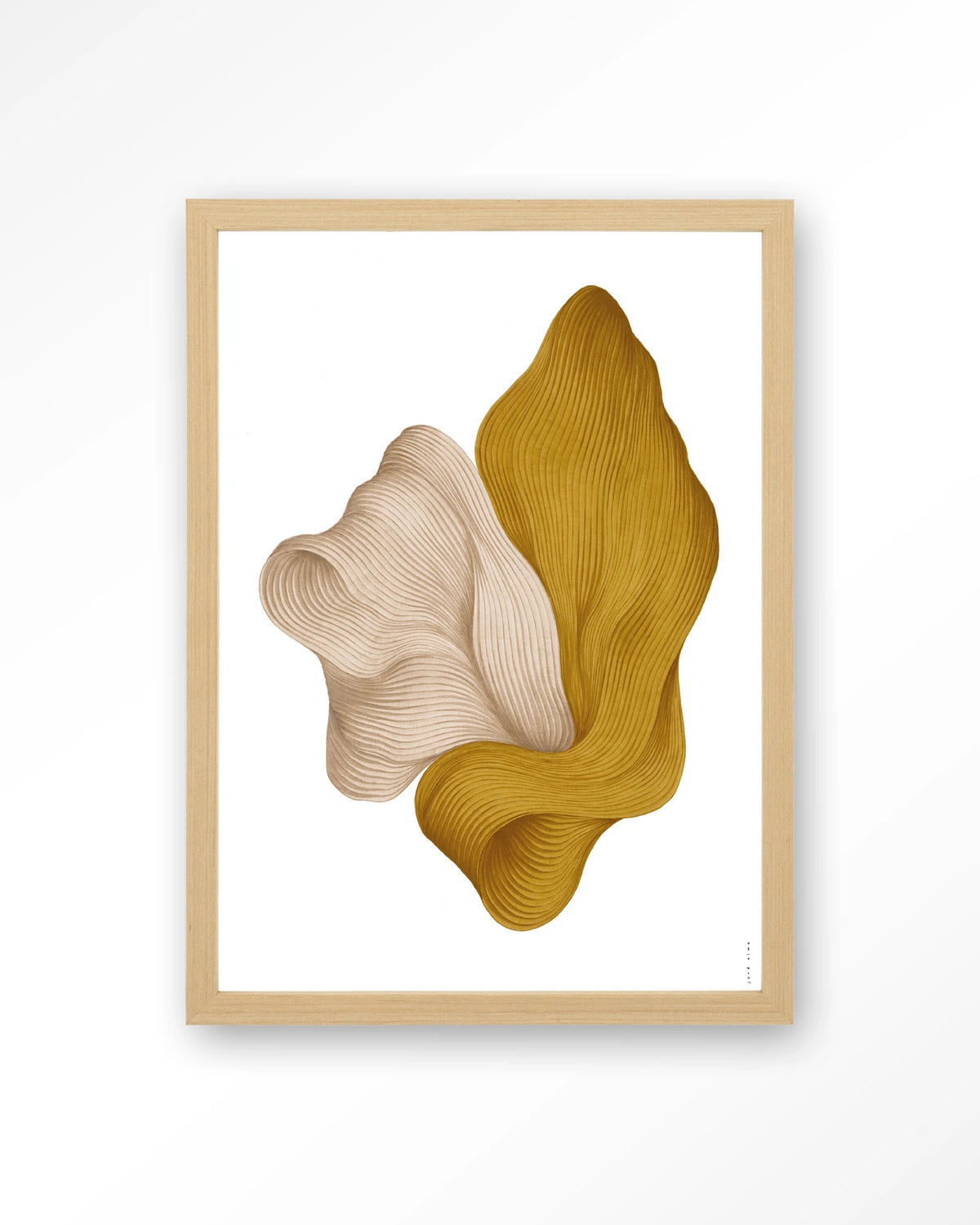 DWG-L – abstracte golvende vormen in geel en beige – Art print – Hout naturel