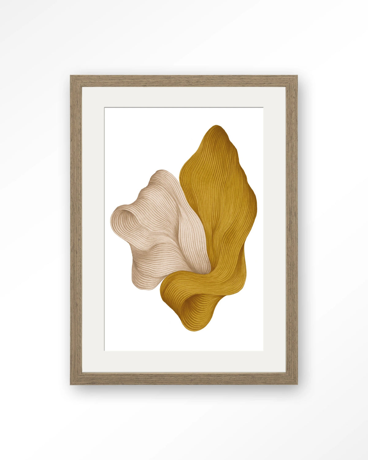 DWG-L – abstracte golvende vormen in geel en beige – Art print – Hout bruin + passe-partout